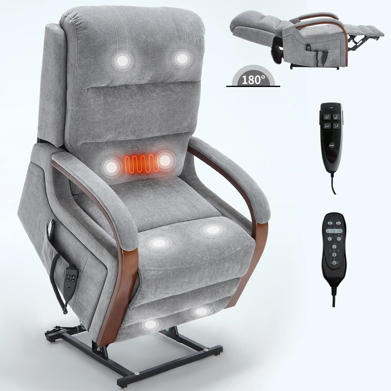 Chenille Power Lift Recliner with Massage & Wood Armrests