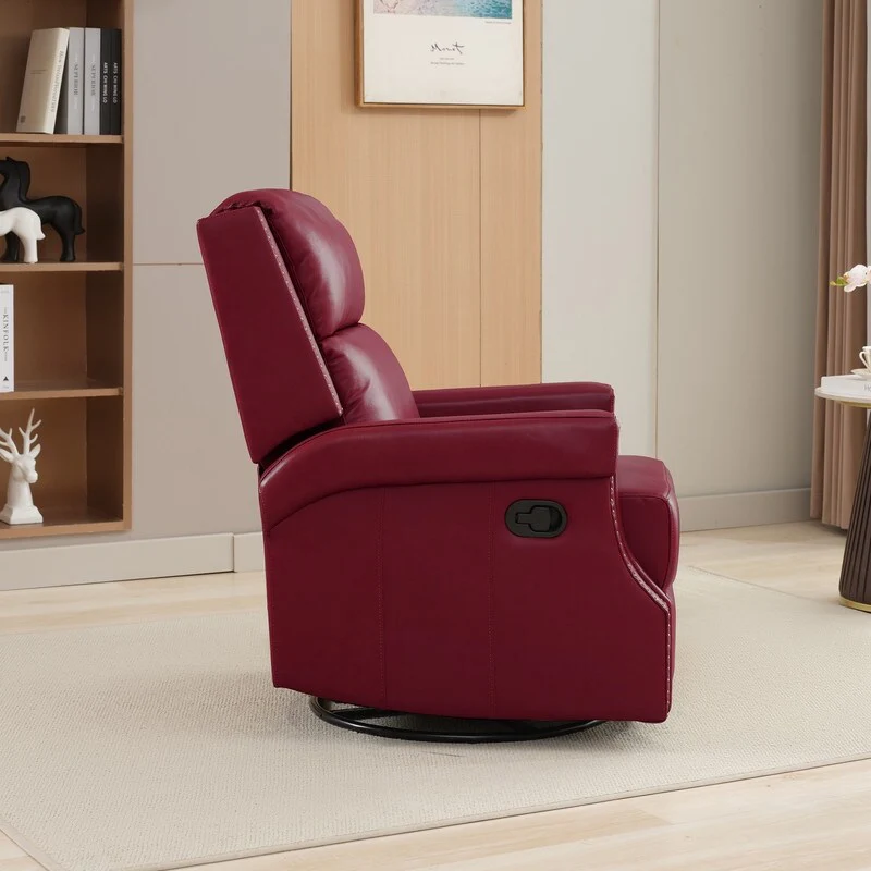 Genuine Leather Manual Rocking Recliner with 360-degree Metal Swivel Base