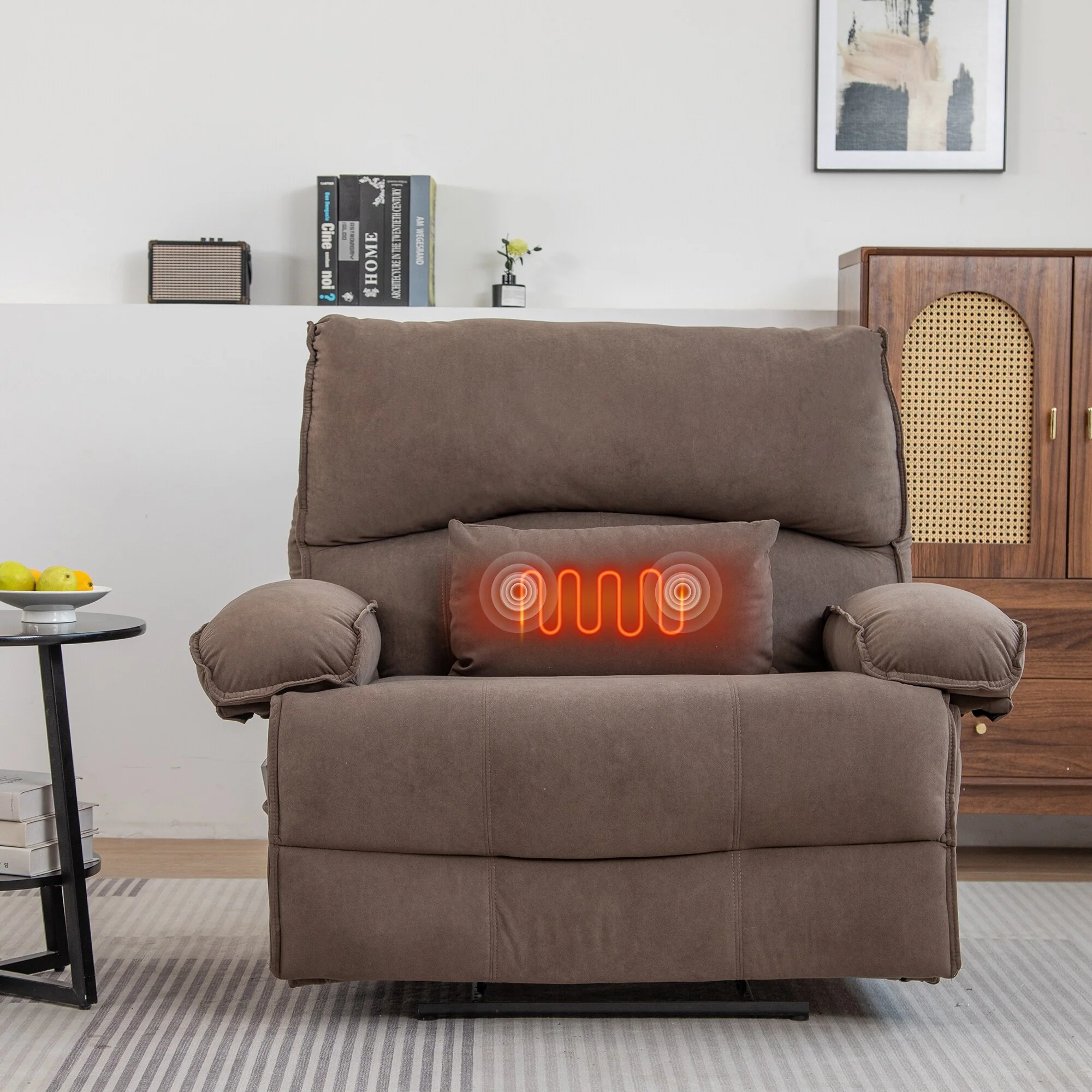 Grey Spacious Push-Back Recliner Sofa Chari with Super Soft Fleece Upholstery and Heated Massage Pillow