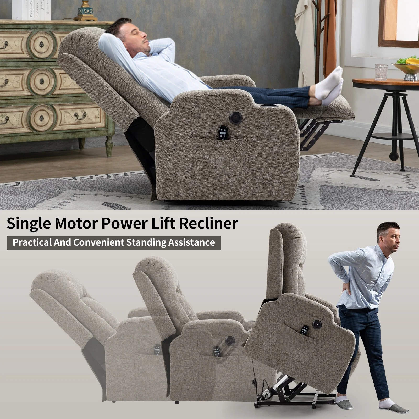 Power Lift Recliner Chair with Massage, Lumbar Heat, USB & Cup Holders