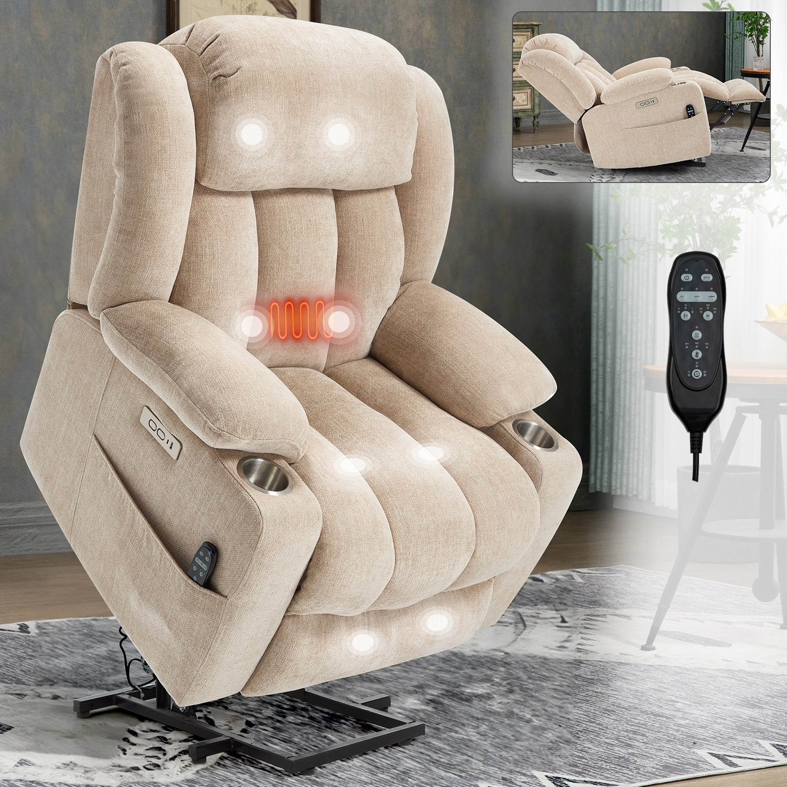 Power Lift Recliner with Massage, Heat, USB & Type-C Charging Ports, Stainless Steel Cup Holders