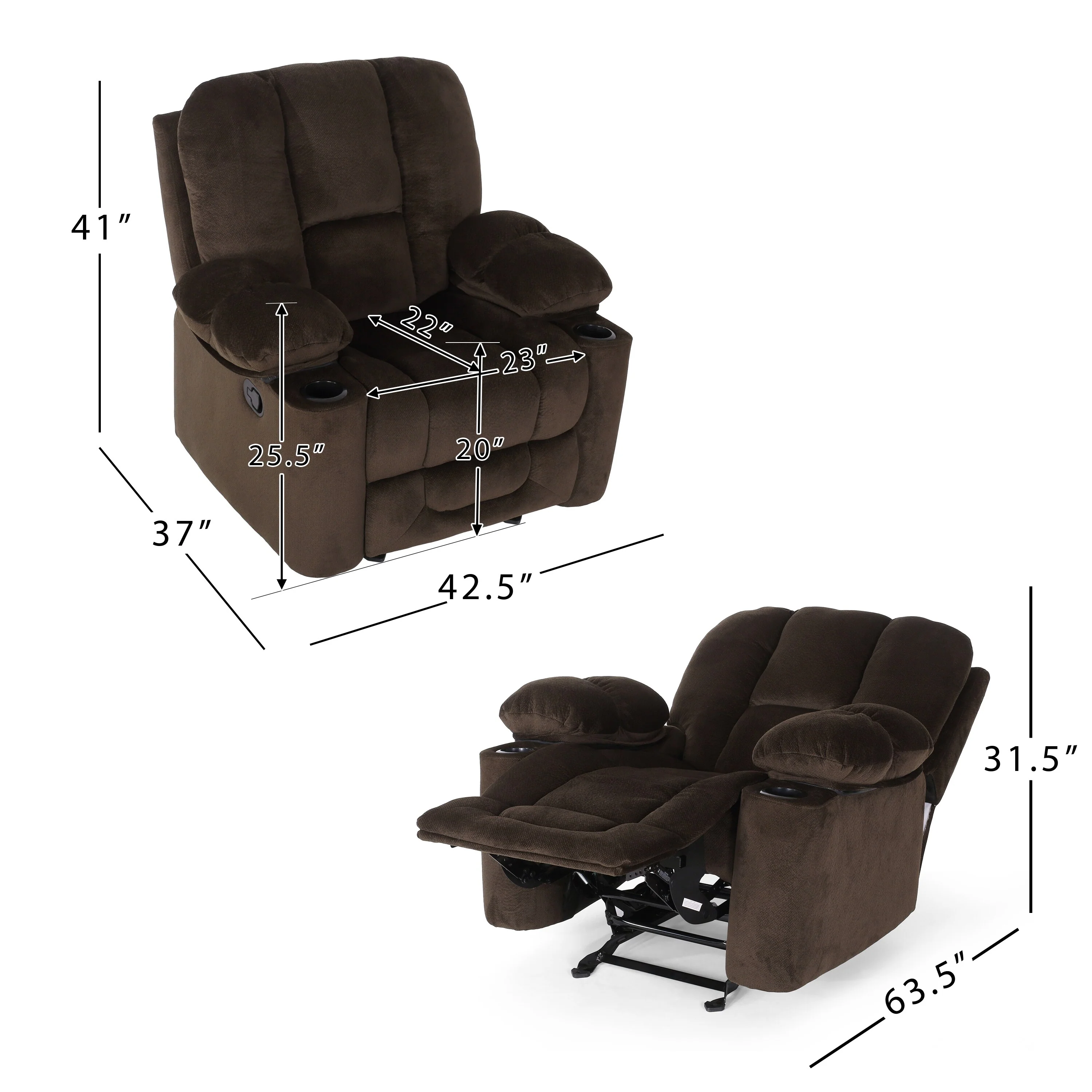Roomfitters Luxurious Manual Recliner Chair in Chocolate with Skin-Friendly Fabric and Dual Cup Holders
