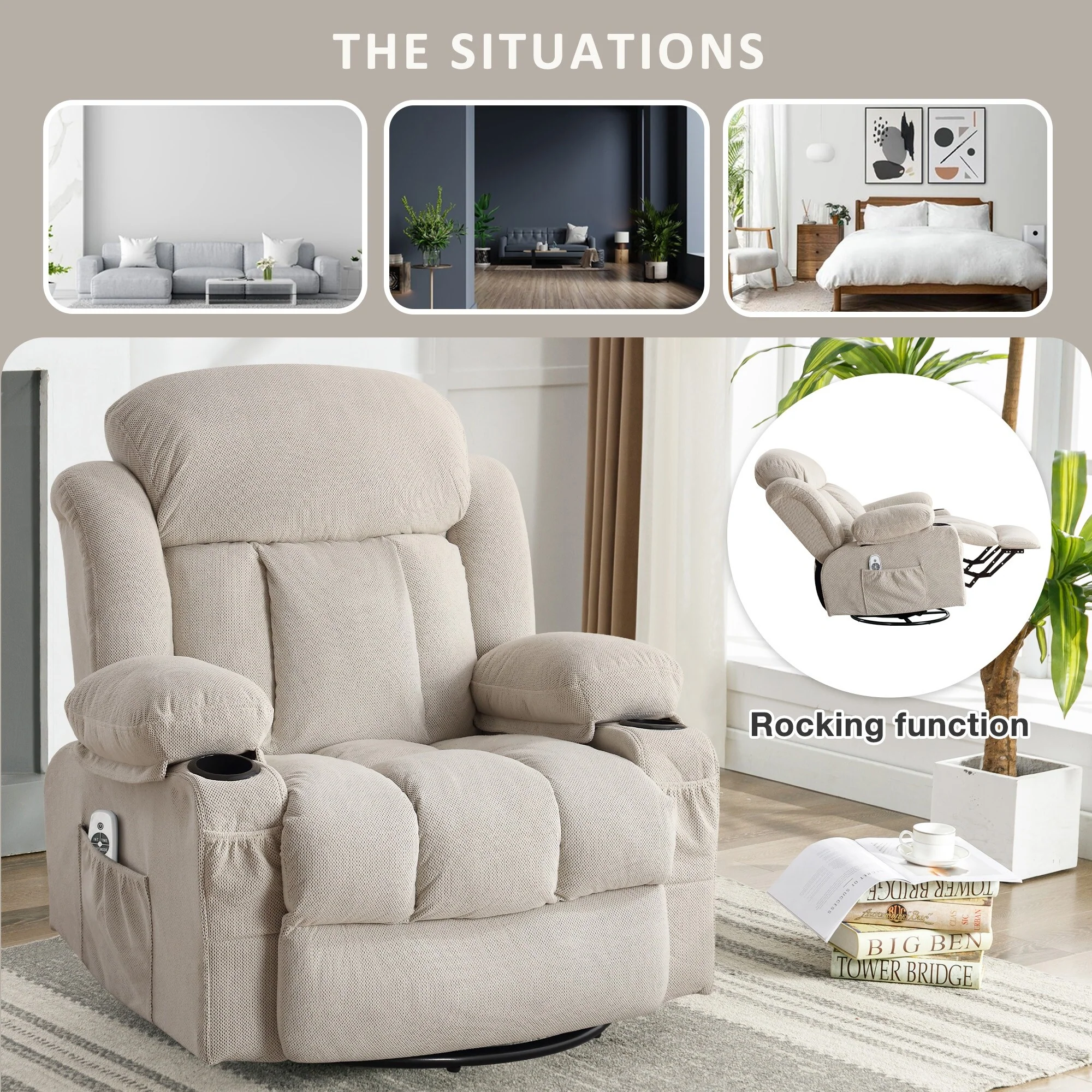 Velvet Swivel Recliner Lounge Chair with Massage, Heat & USB