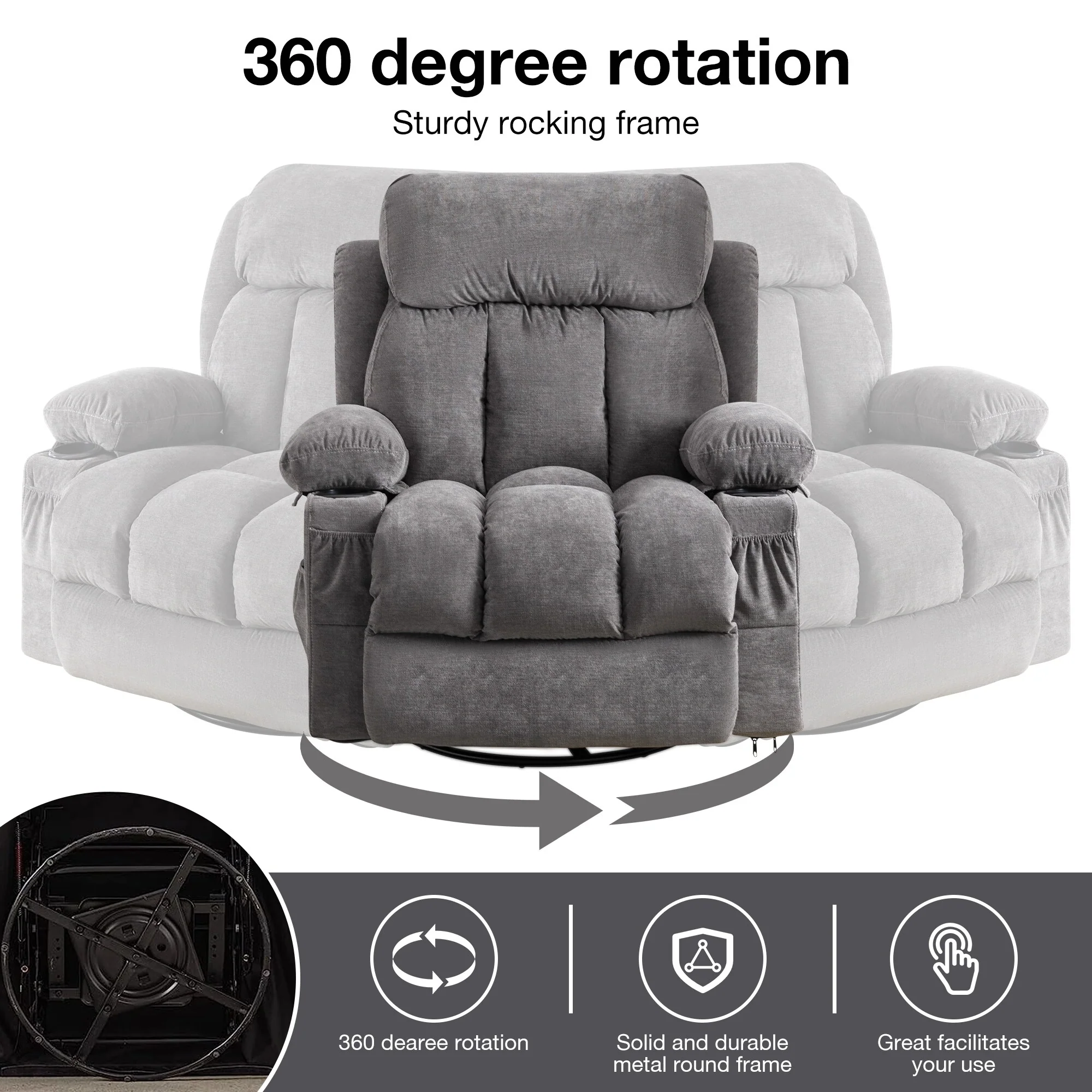 360�� Swivel Recliner Chair with Massage, Heat, USB, and Cup Holders