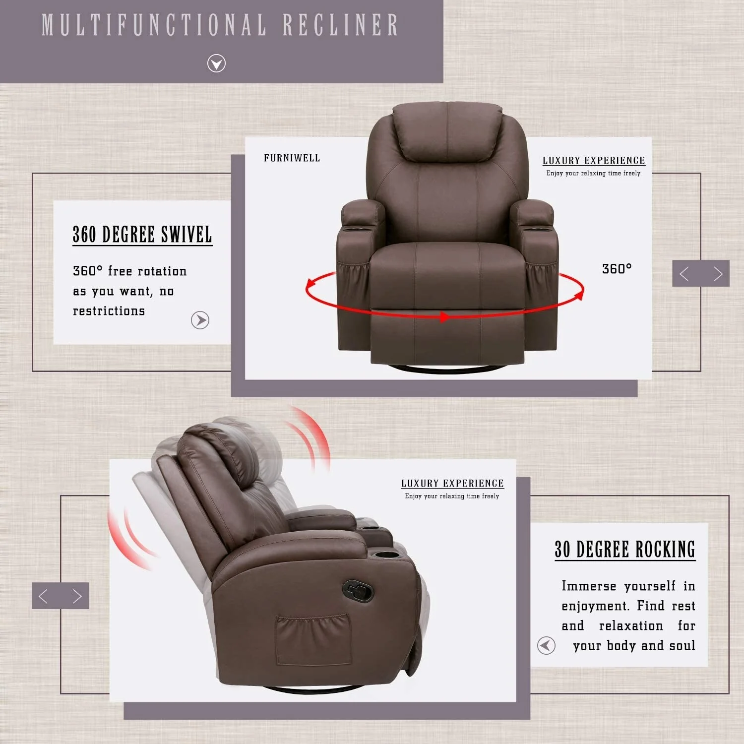 Furniwell Rotary Massage Heated Function Recliner PU Leather Whirl