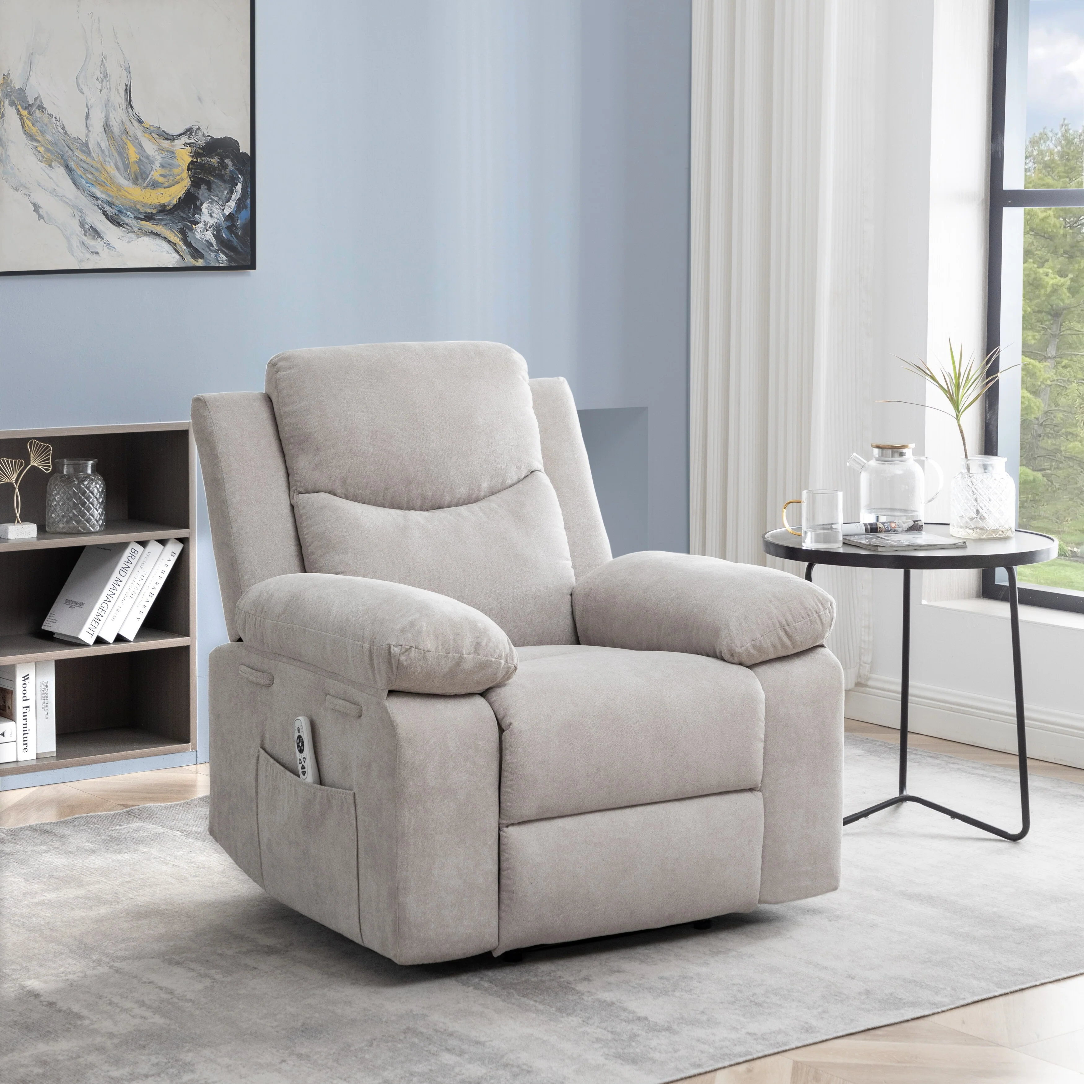 Living Room Single Reclining Sofa, Power Lift Velvet Recliner with Adjustable Massage and Heat & Side Pocket, Infinite Position