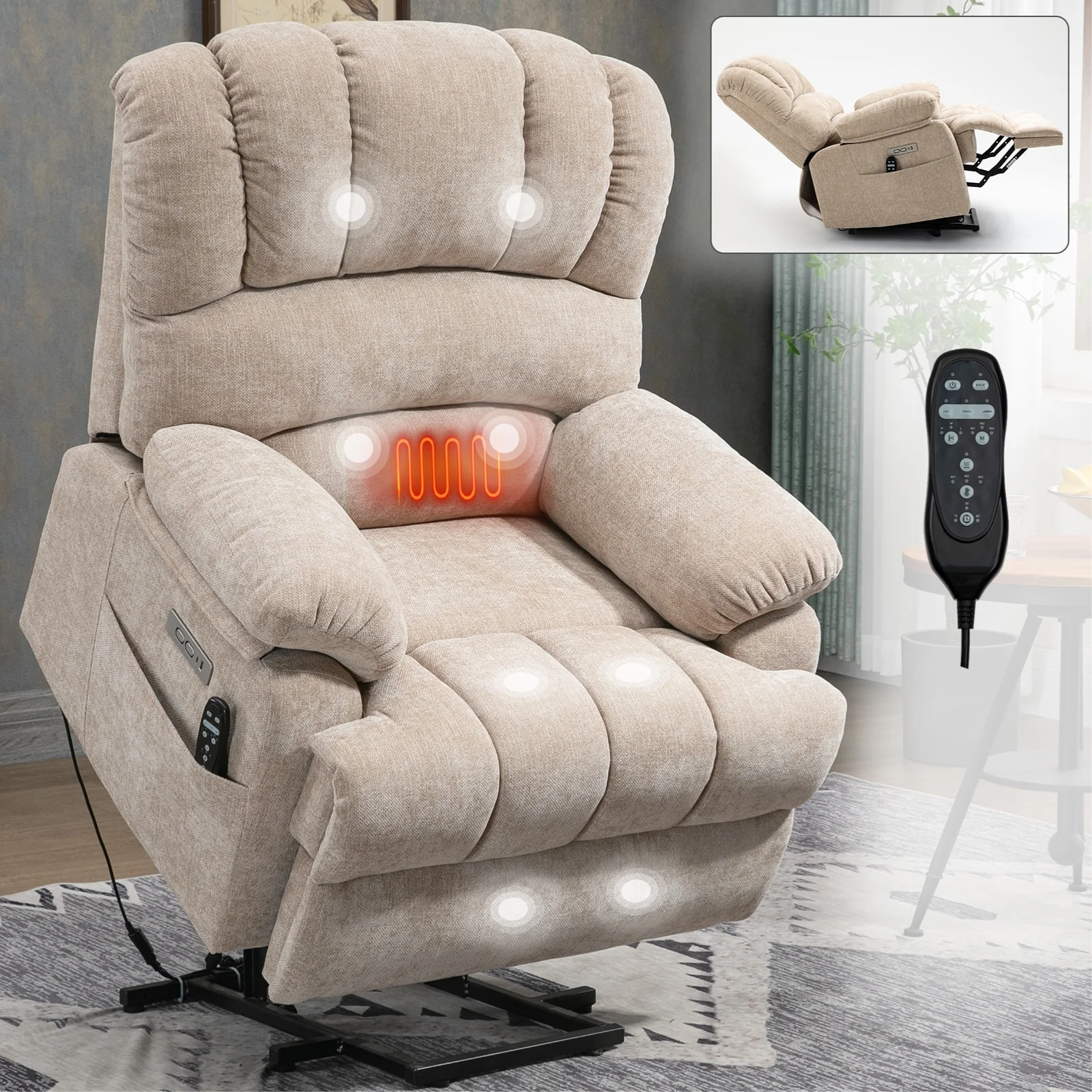 Oversized Power Lift Recliner Chair with Massage, Heat, 8-Point Vibration, Lumbar Heating, USB Port, Dual Side Pockets