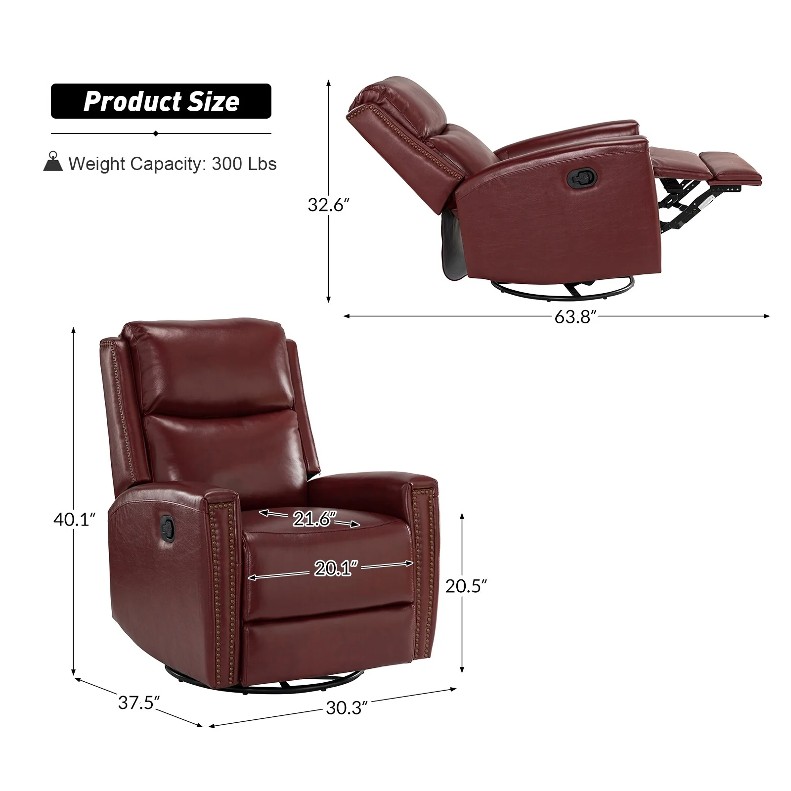 Fiacro 30.31Wide Modern Genuine Leather Wingback Swivel Rocker Recliner with Nailhead Trims, Set of 2
