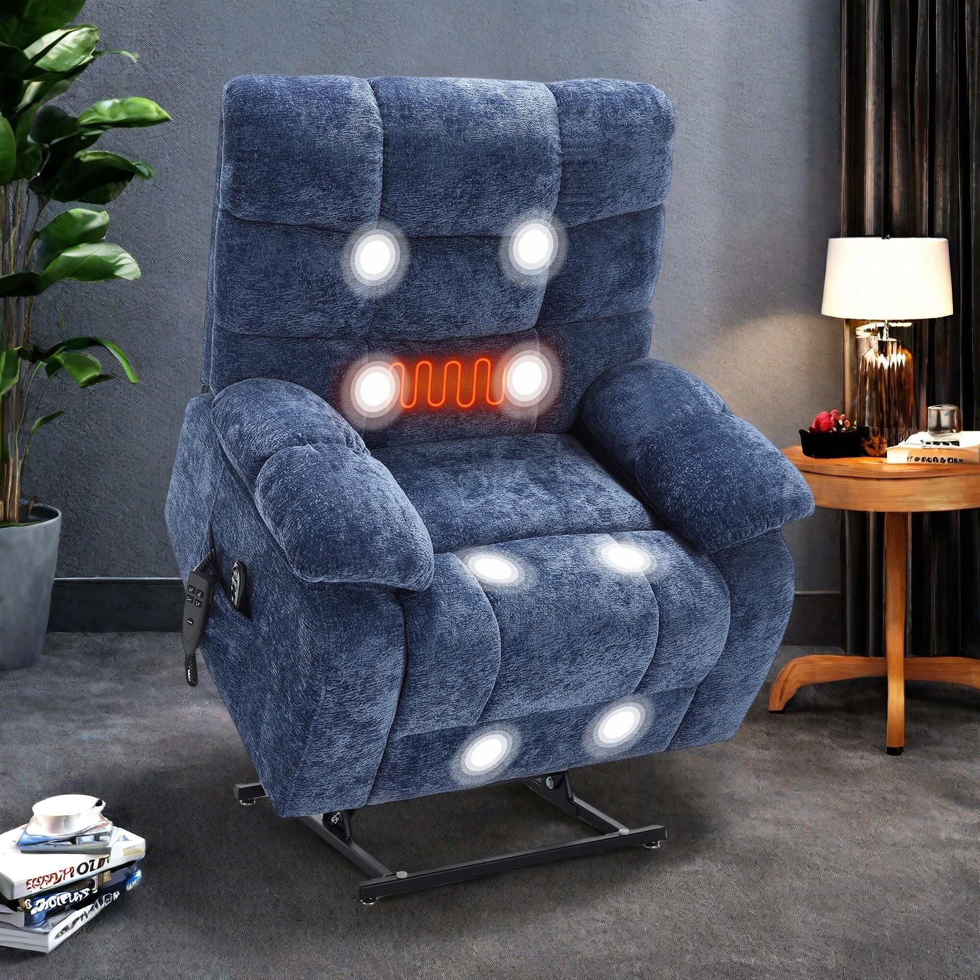 Oversized Chenille Power Lift Recliner Chair with Massage and Lumbar Heating, Charging Port, 180�� Lying Flat