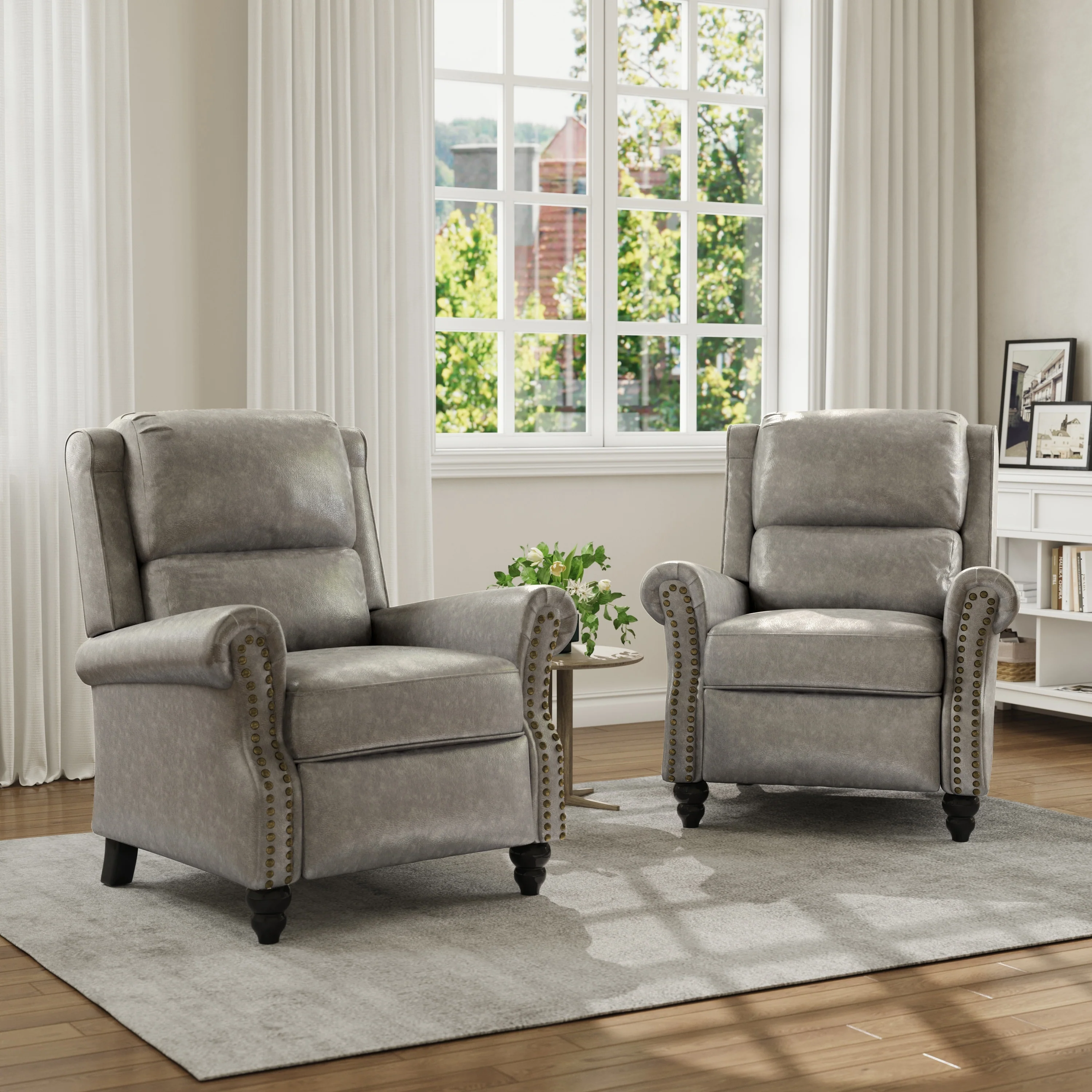 Mid-Century Nailhead PU Leather Linen Recliner