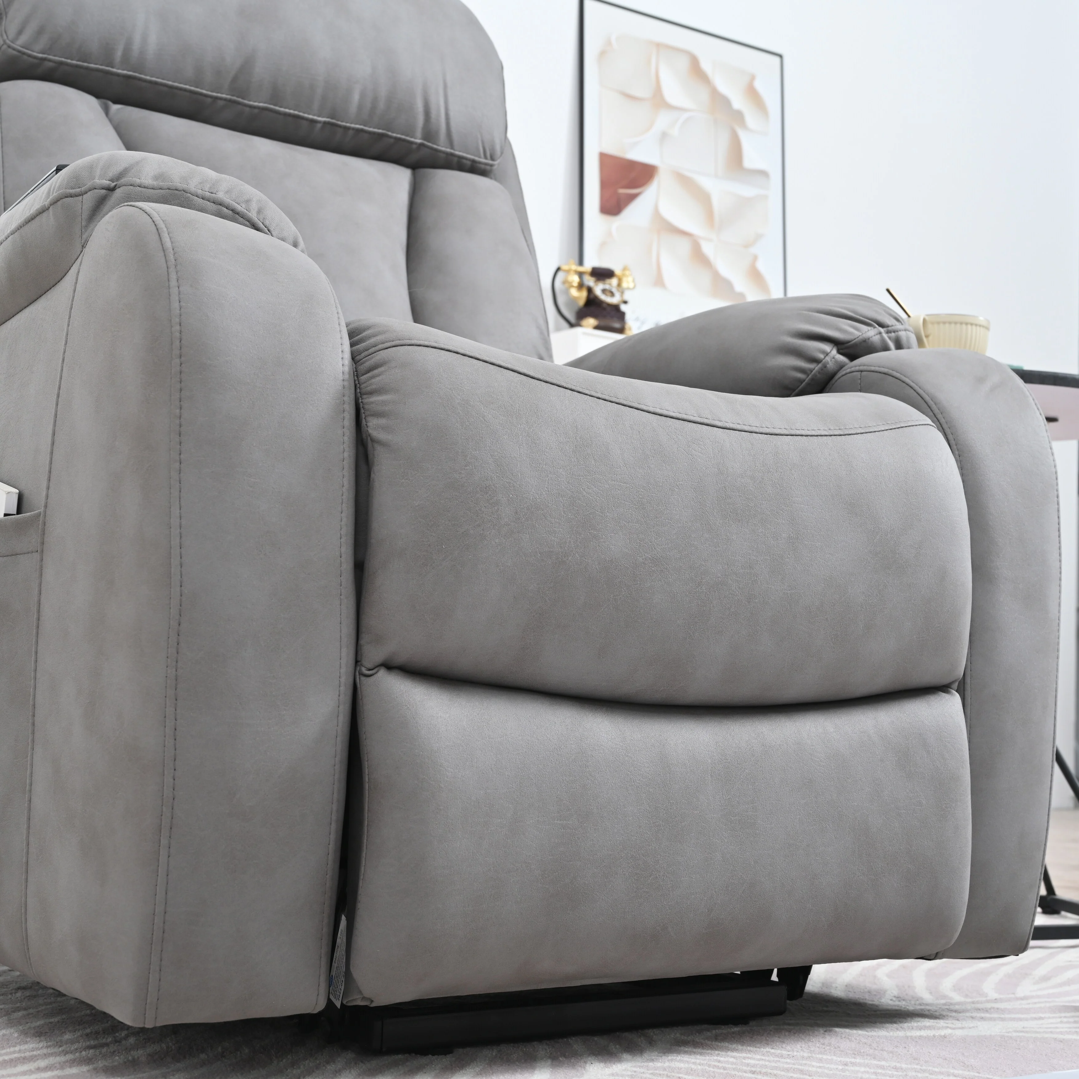 Grey Wide Seat Power Lift Recliner with Remote Control, Side Pocket, and Adjustable Recline Features