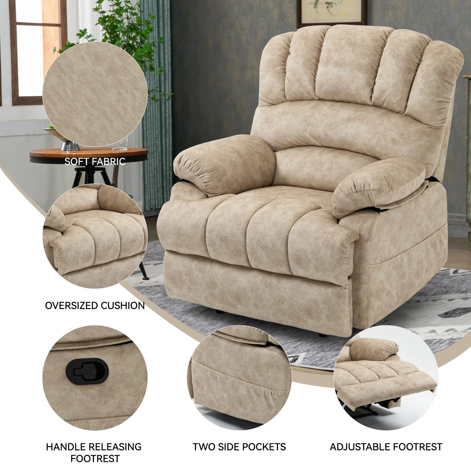 Fabric Large Manual Recliner Chair with Adjustable Backrest and Footstool