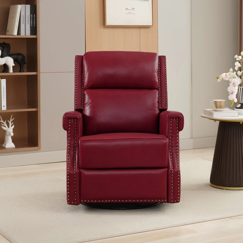 Genuine Leather Manual Rocking Recliner with 360-degree Metal Swivel Base