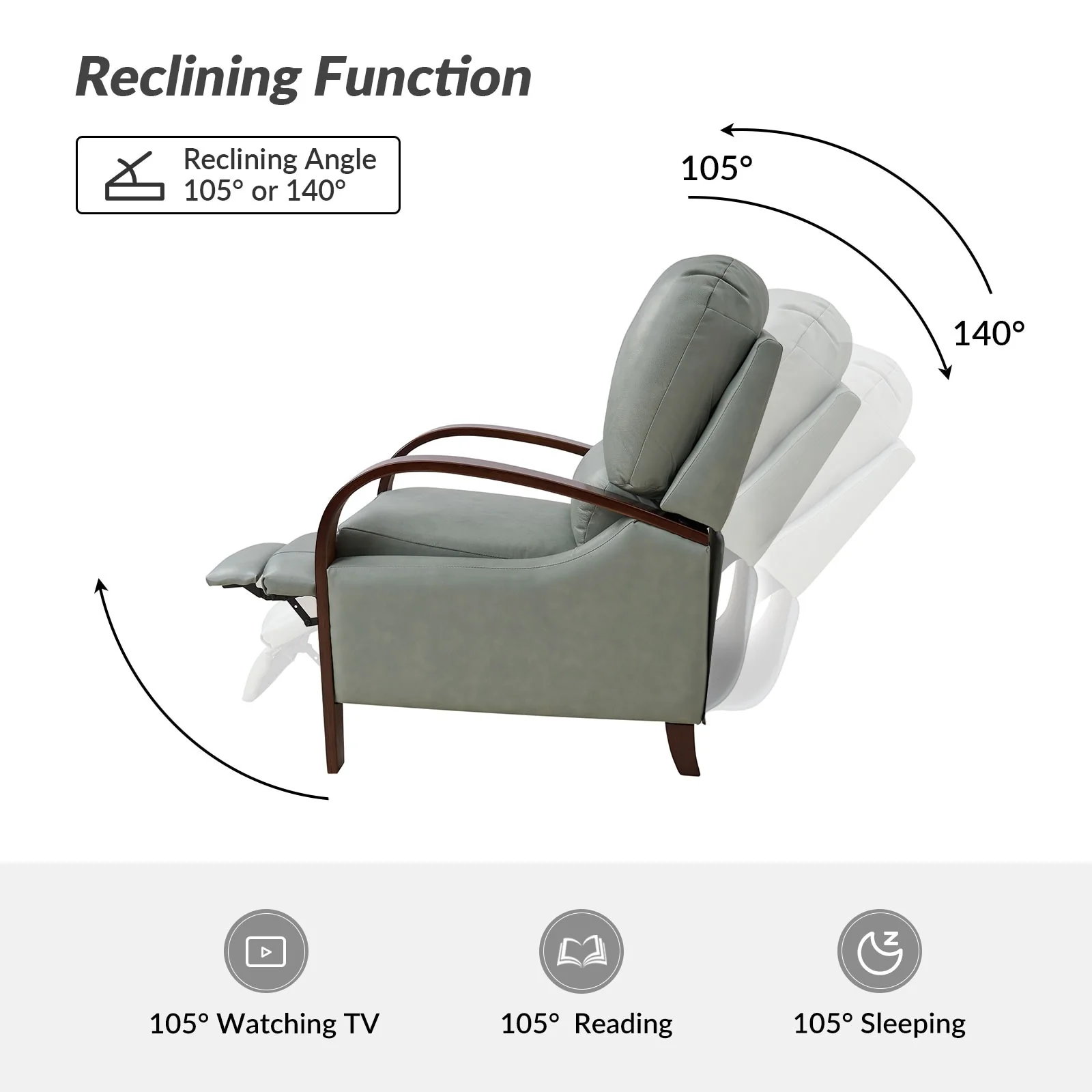 Alex Mid-century Modern Cigar Genuine Leather Manual Recliner with Wooden Curved Arms