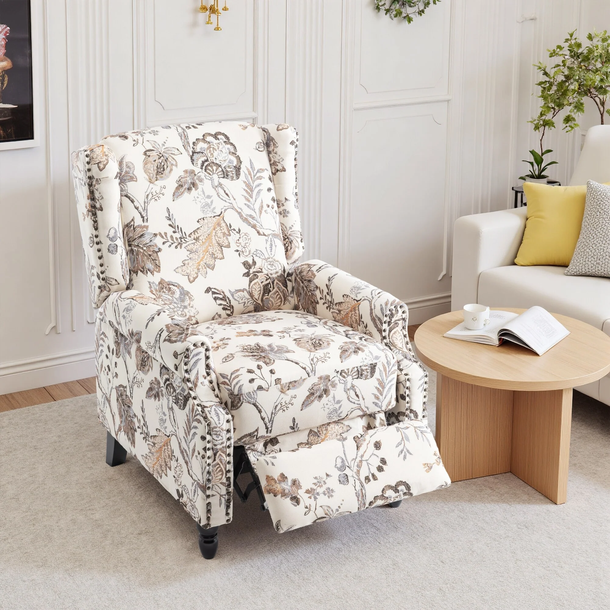 Linen Manual Upholstered Recliner with Wood Legs