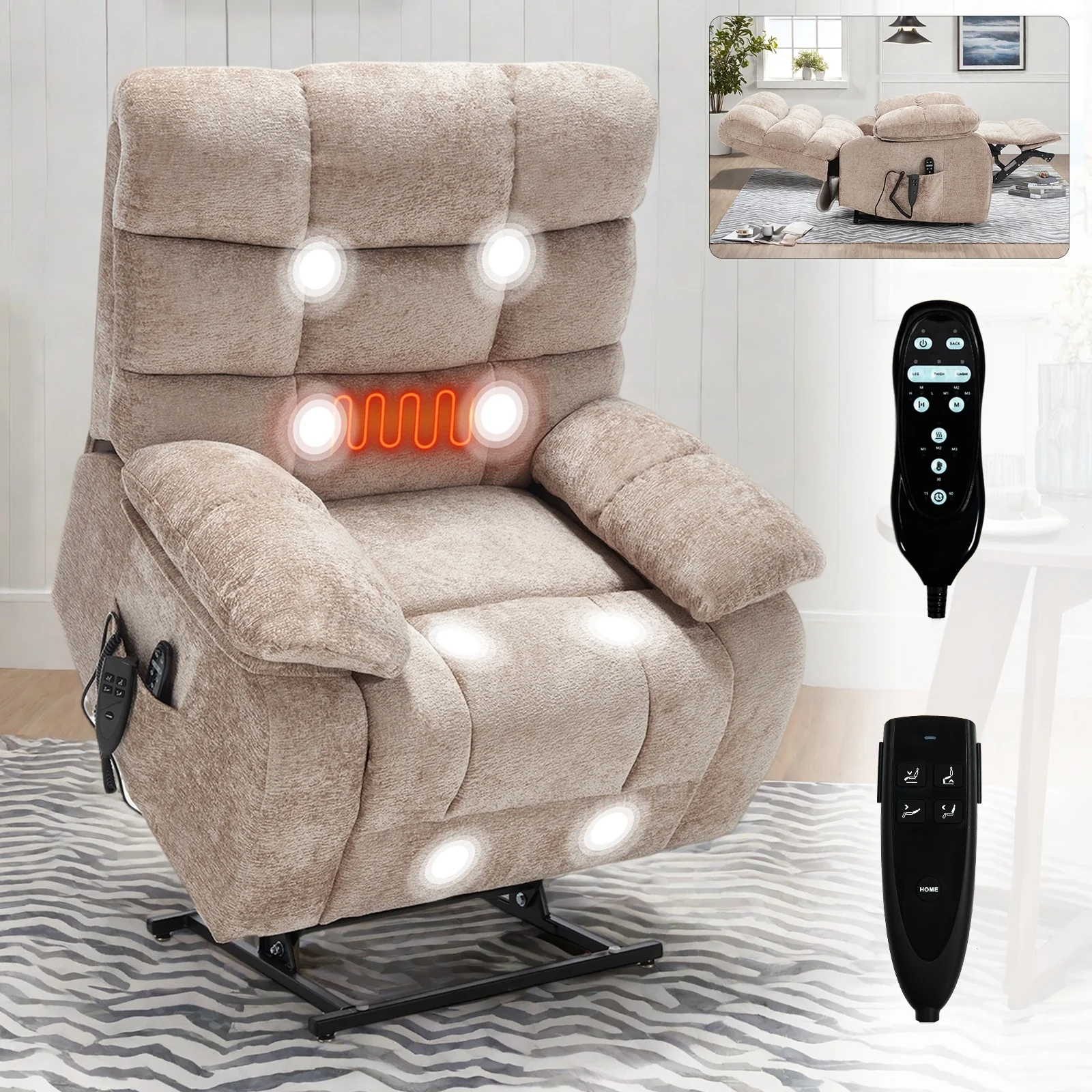 Oversized Power Lift Recliner with Dual Motors, Heat & Massage, Infinite Recline (350LBS Capacity), Remote Control