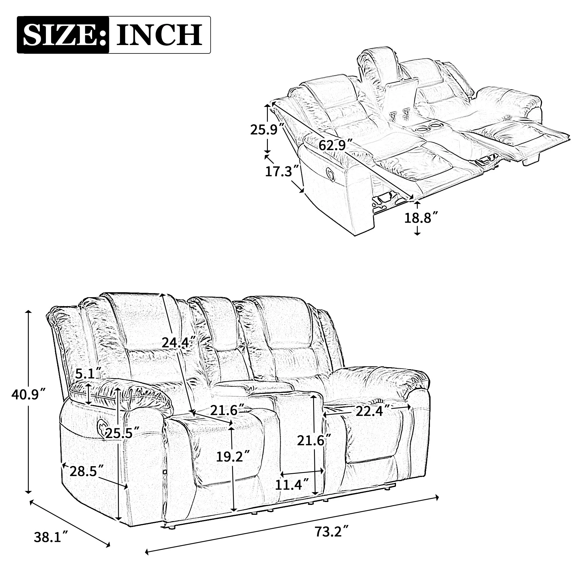 Roomfitters 2-Seater Manual Home Theater Recliner Chair with Storage Box and Cup Holders, Grey
