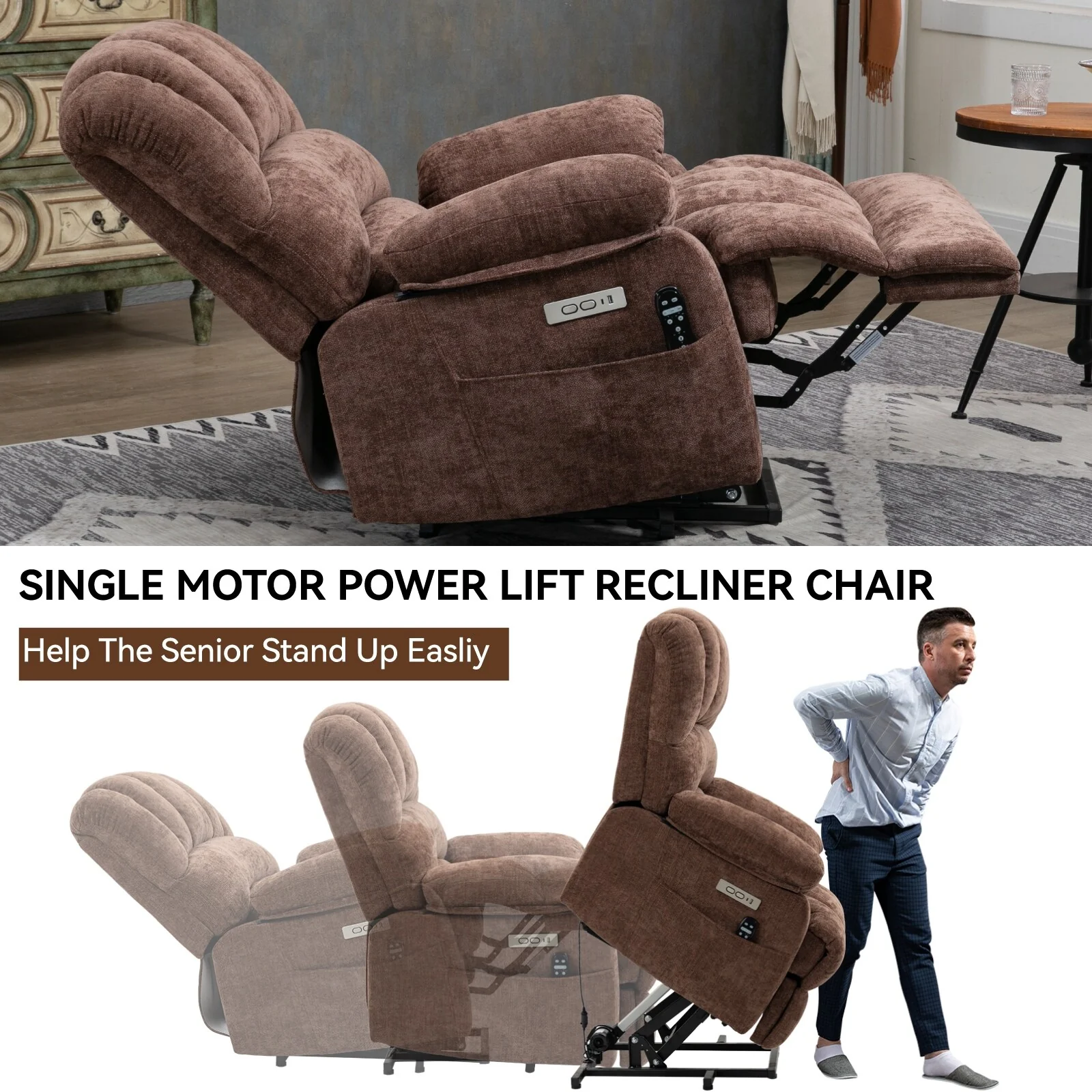 Chenille Power Lift Recliner Chair with 8-Point Vibration Massage