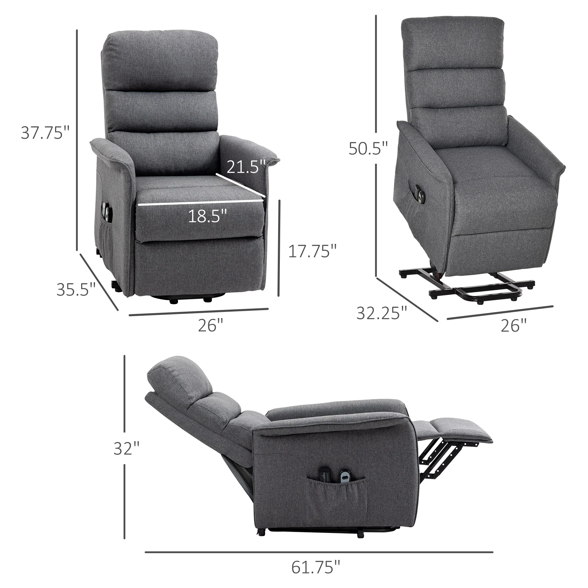 Grey Power Lift Recliner with Massage, Remote & Adjustable Footrest