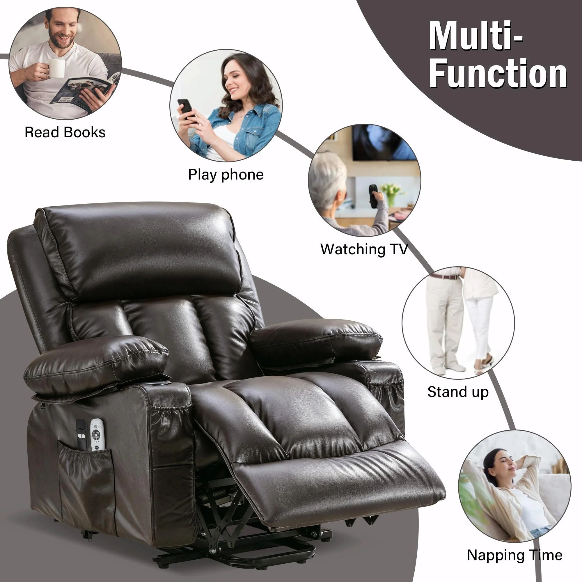 Power Electric Massage Lift Lounge Chair with Heating and Vibration Functions, Fleece Leather with USB