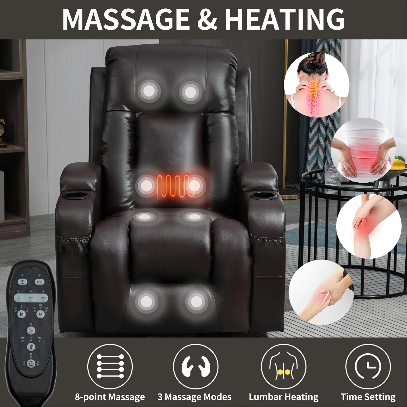 Black Power Lift Recliner with Massage, Lumbar Heat, USB, and Cup Holders