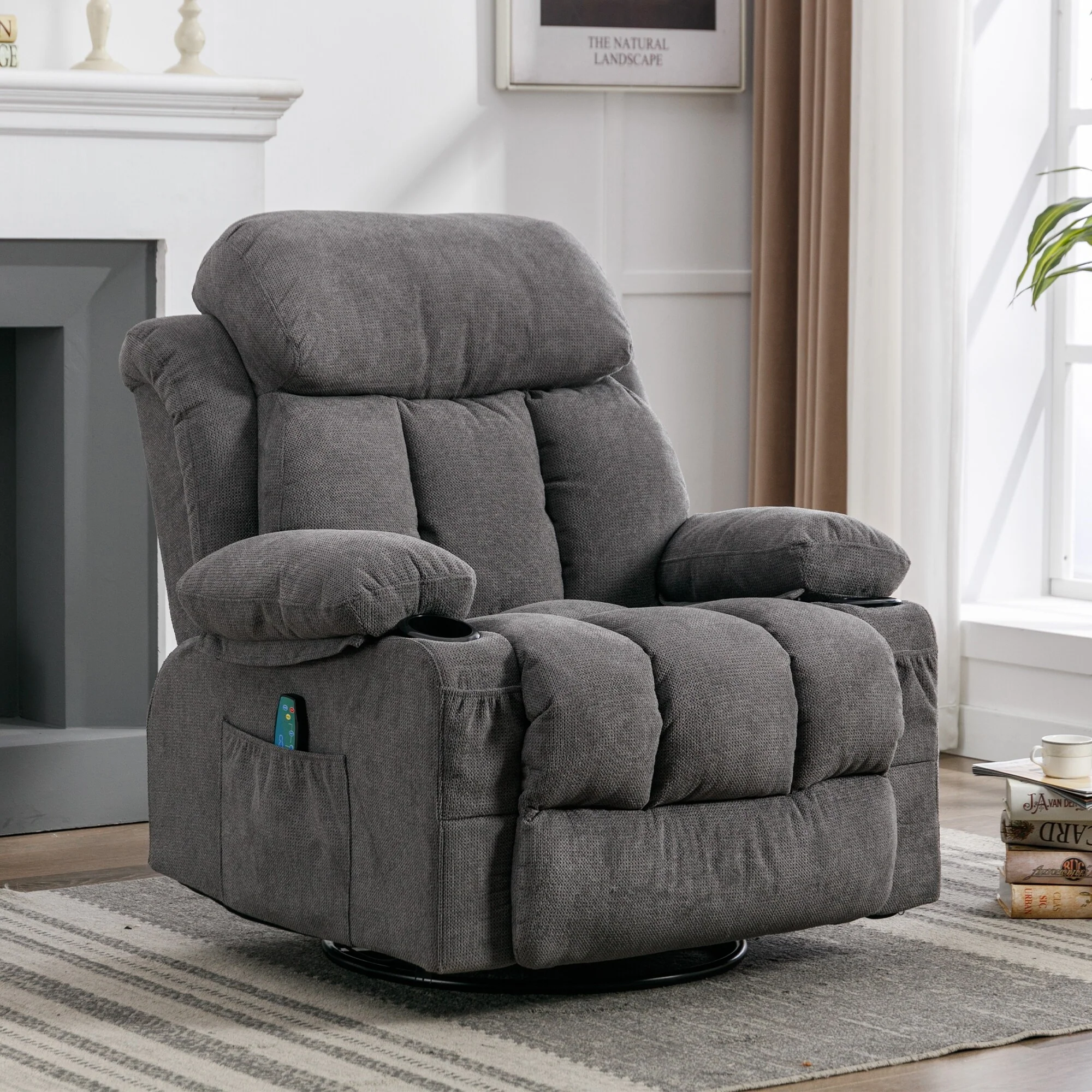 Beige 360�� Swivel Recliner with Massage and Heating, USB Charging, Dual Cup Holders, and Large Side Pockets