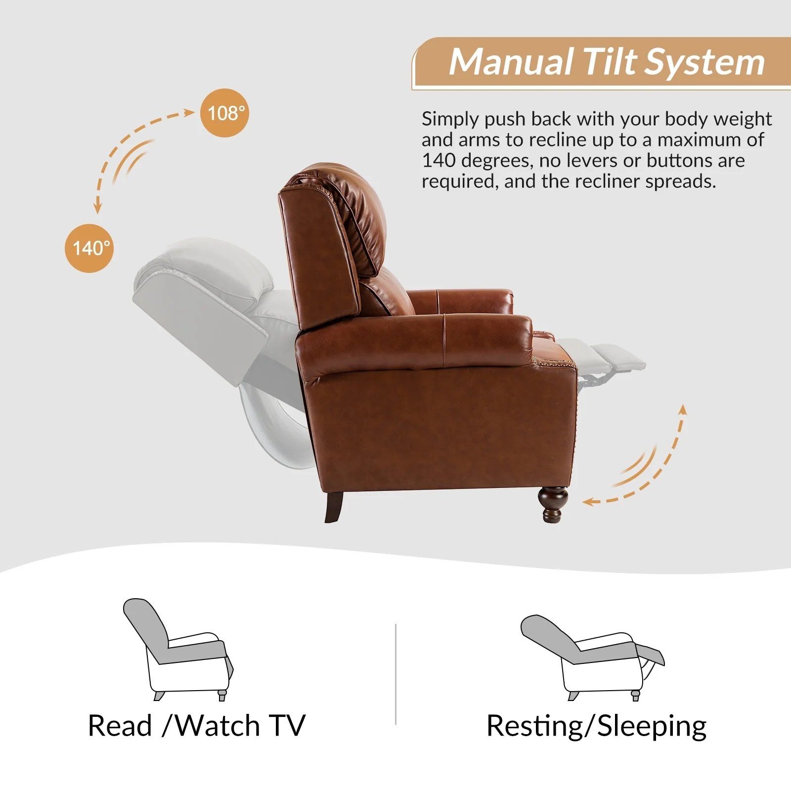 Gabriela Mid-Century Modern Genuine Leather Recliner Nail Head Trim Set of 2 by HULALA HOME