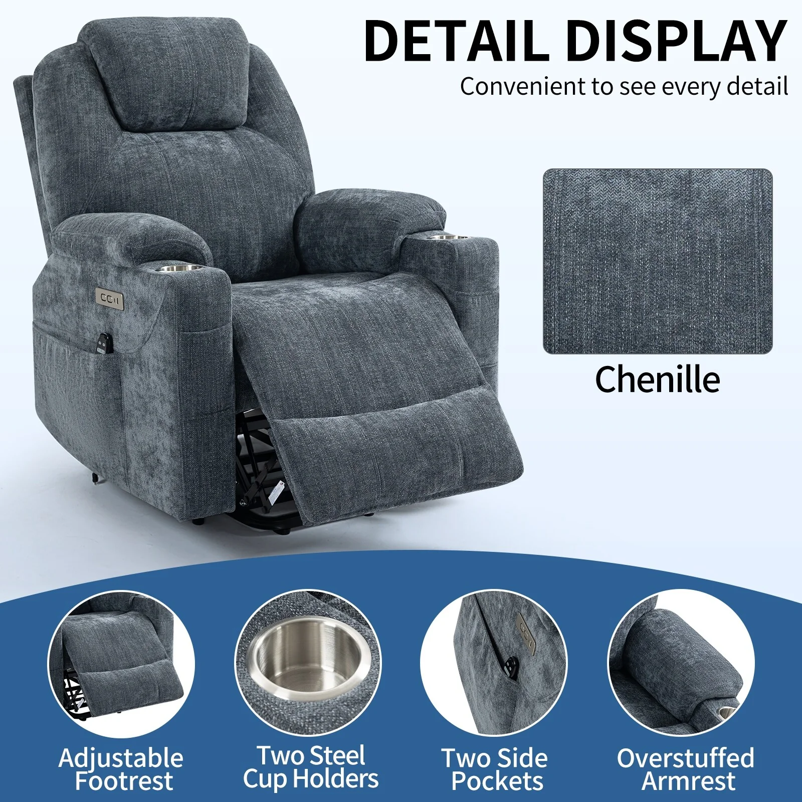 Up to 350 LBS Chenille Power Lift Recliner Chair, Heavy Duty Motion Mechanism with 8-Point Vibration Massage and Lumbar Heating