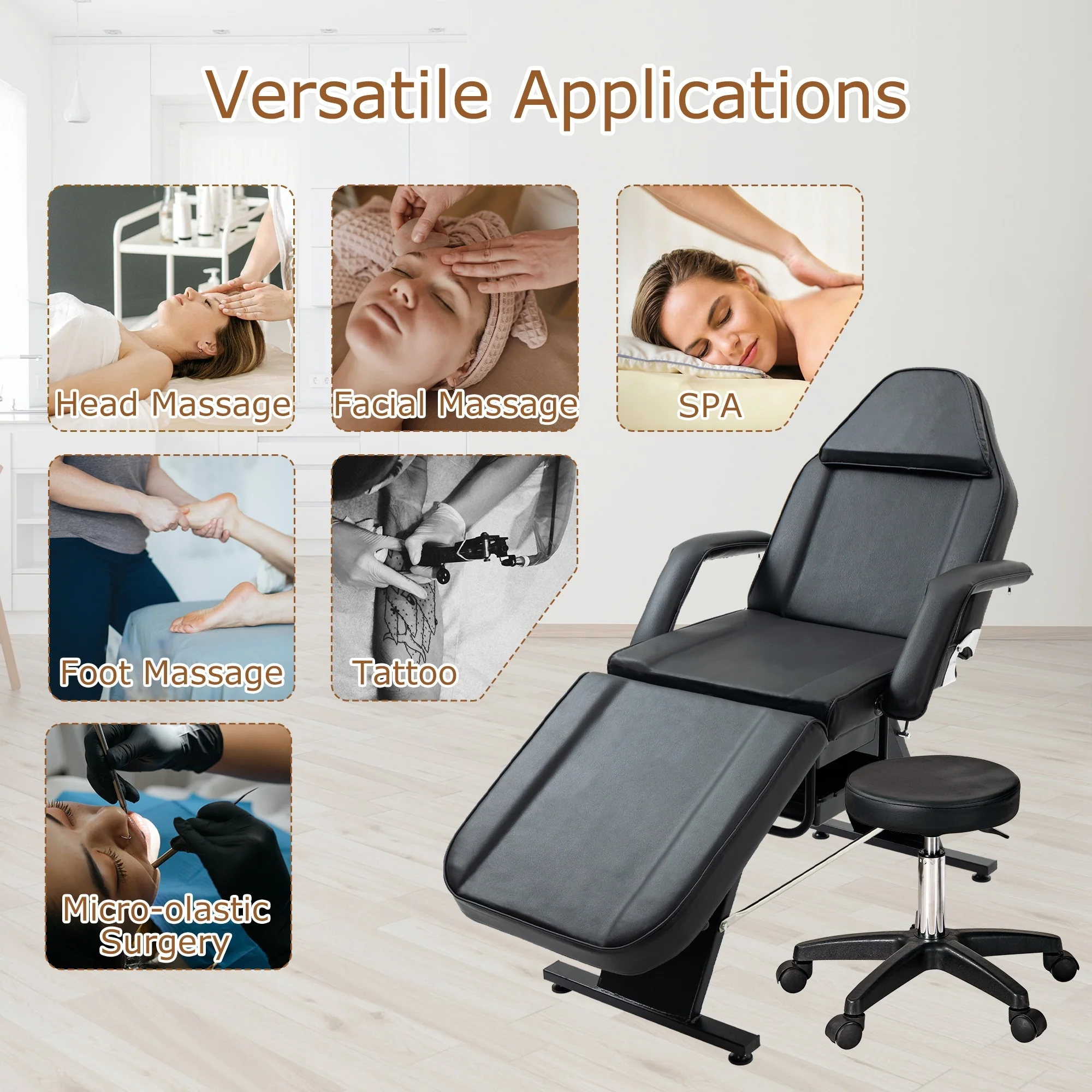 Professional Massage Spa Salon Bed Chair, Folding Lash Bed with Hydraulic Stool Adjustable Facial Chair Bed