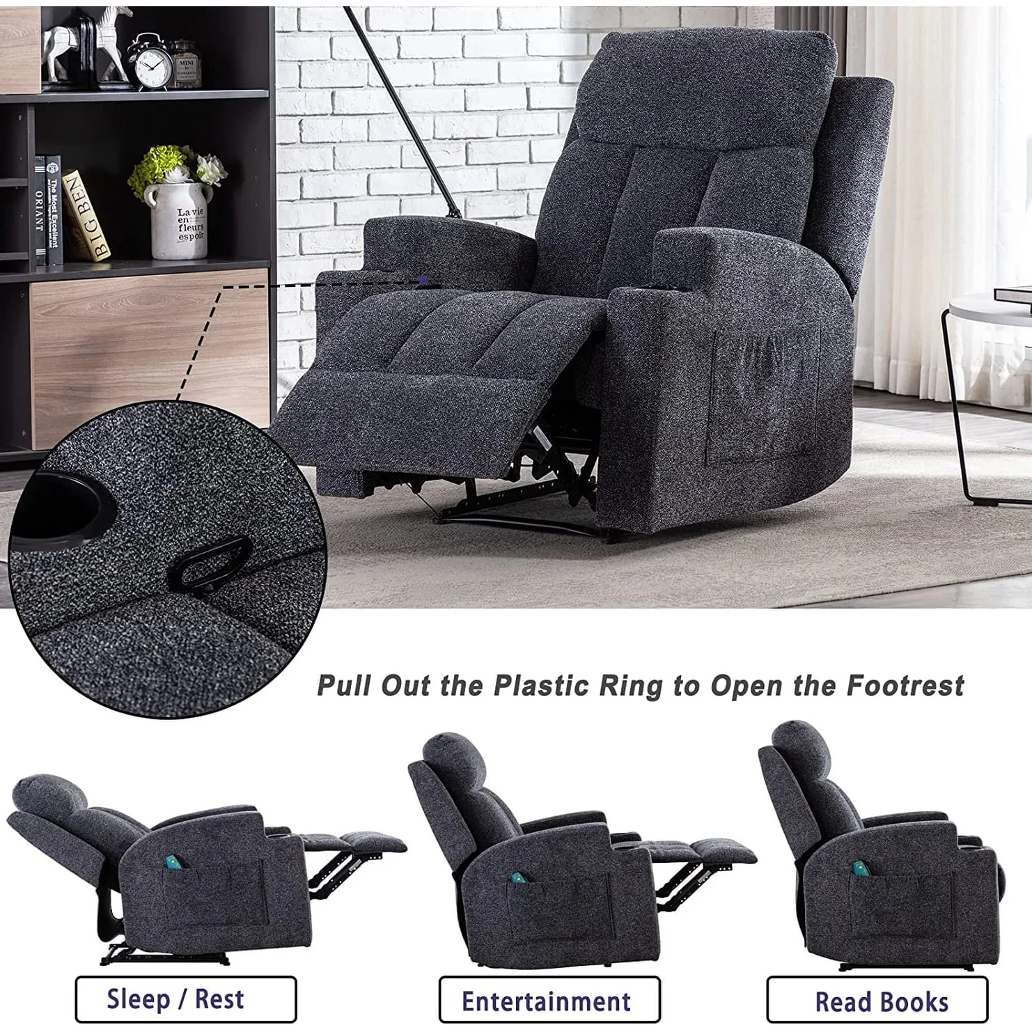 Manual Recliner Massage and Heating Chair Sofa with 2 Cup Holders Breathable Fabric