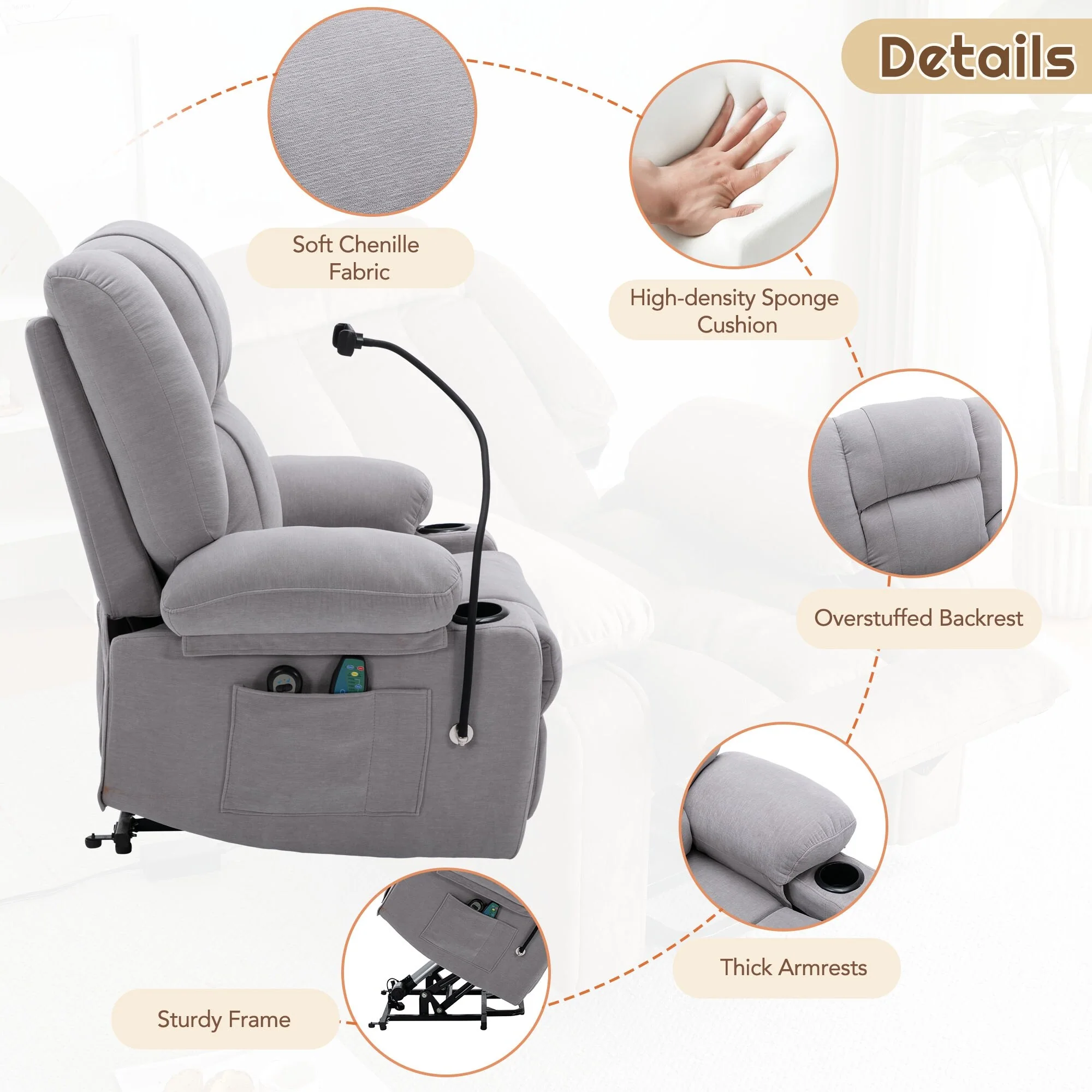 Electric Power Lift Recliner with Massage, Heat, Cup Holders, and Swivel
