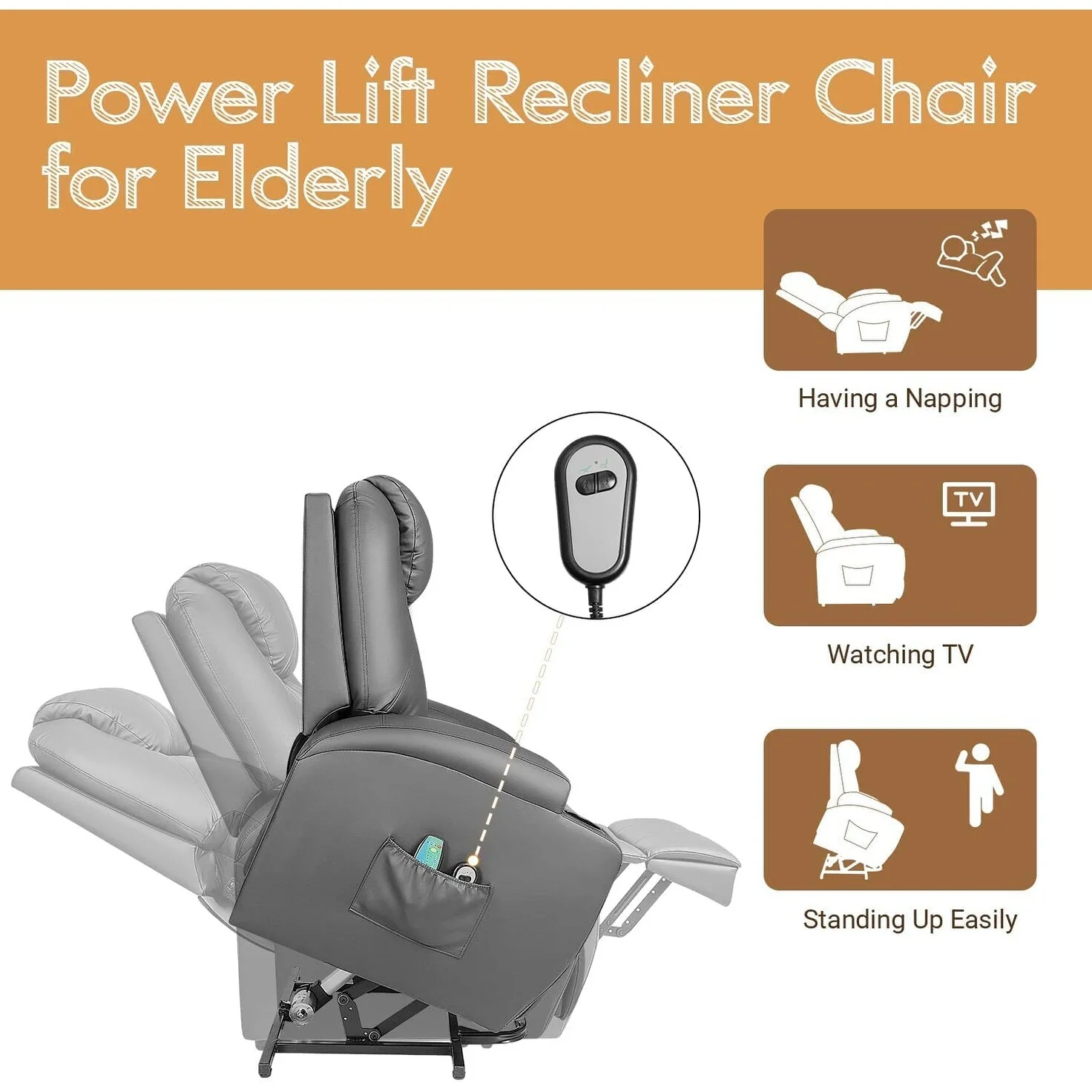 Furniwell Power Lift PU Leather Recliner with Massage and Heating