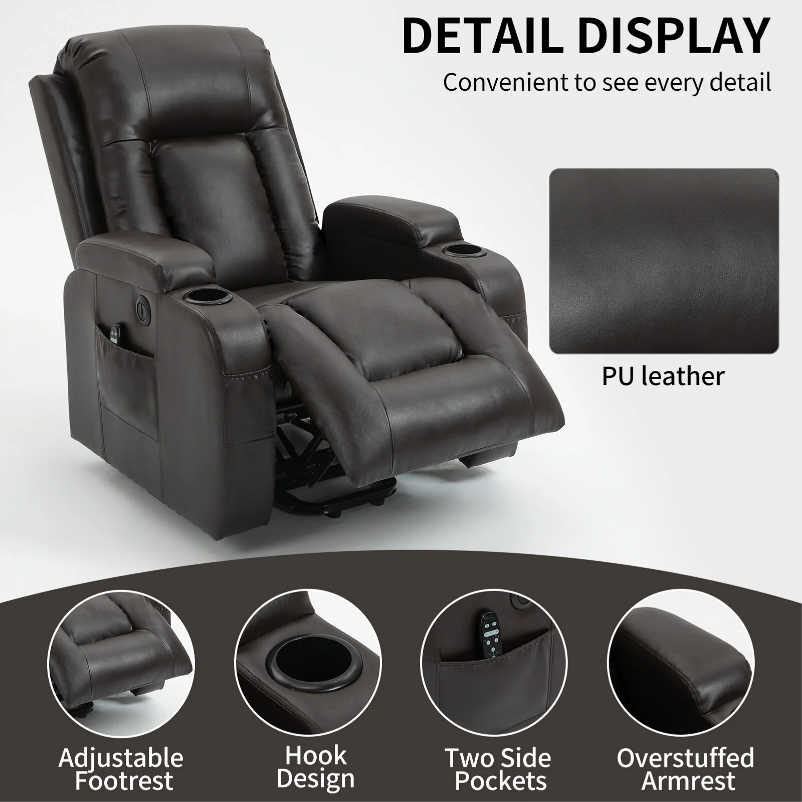 Black Power Lift Recliner with Massage, Lumbar Heat, USB, and Cup Holders