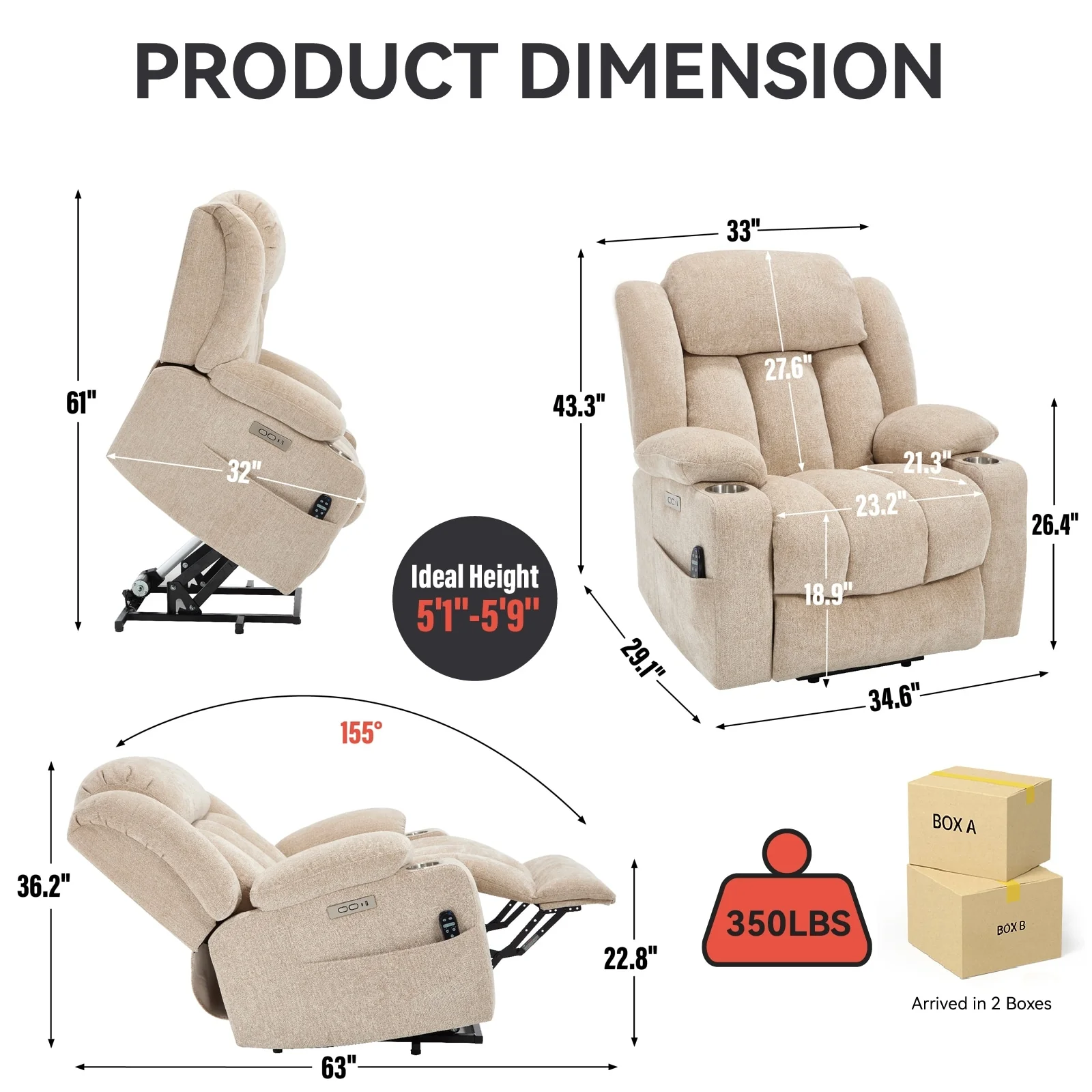 Power Lift Recliner with Massage, Heat, USB & Type-C Charging Ports, Stainless Steel Cup Holders