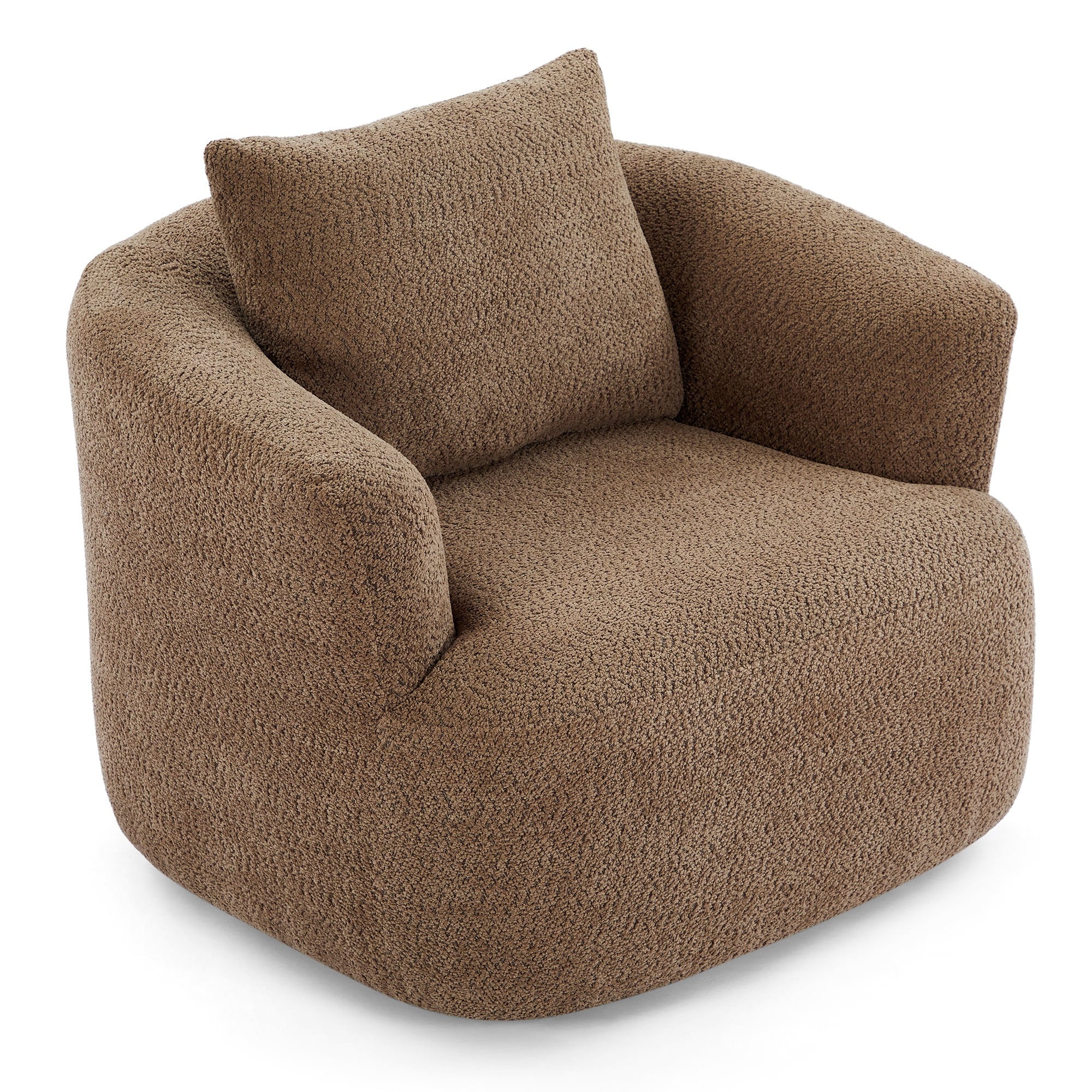 360�� Swivel Chair, 38.2 Boucle Accent Chair with Throw Pillow, Upholstered Barrel Sofa Chair with Curved Armrests