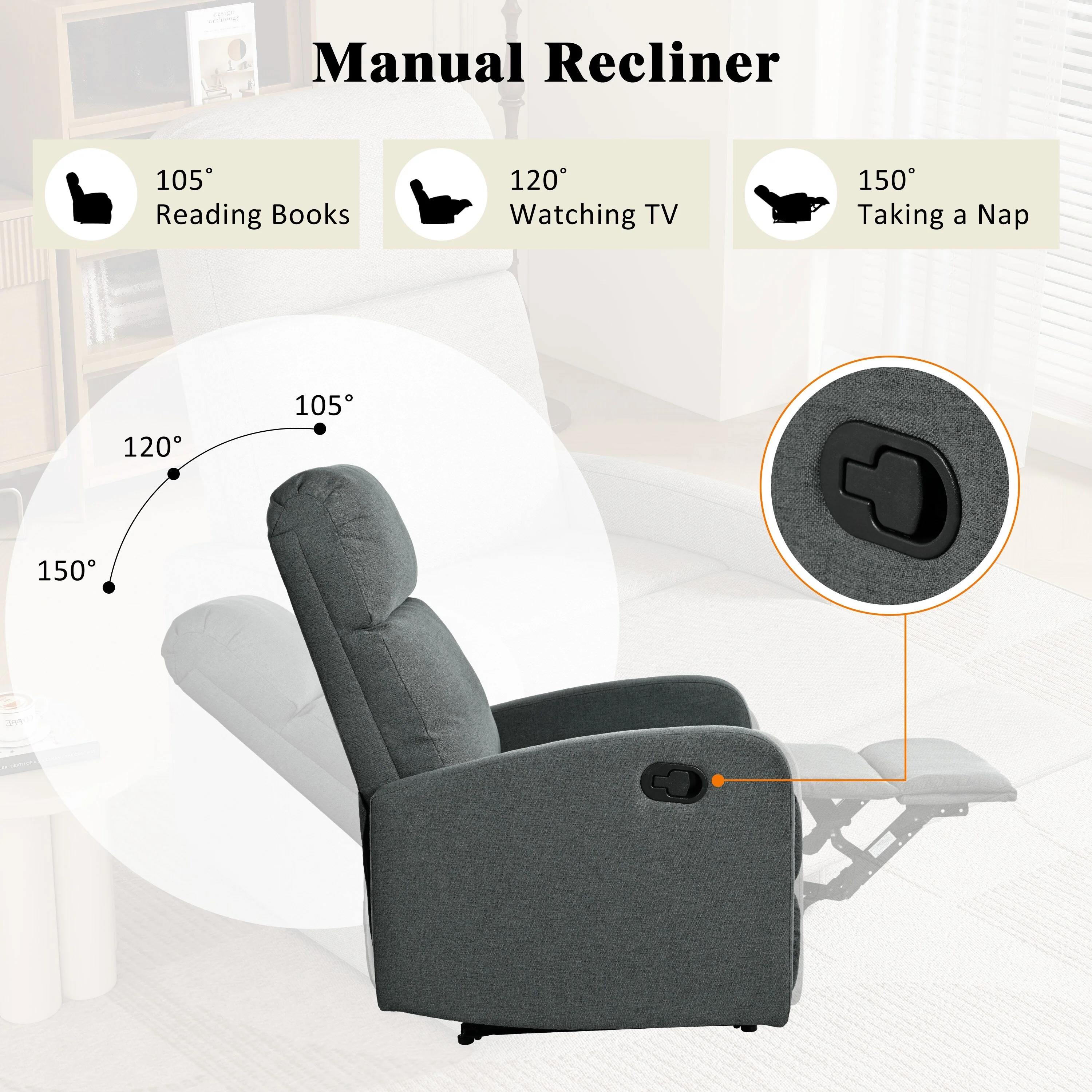 Home Theater Manual Recliner Chair with Adjustable Backrest