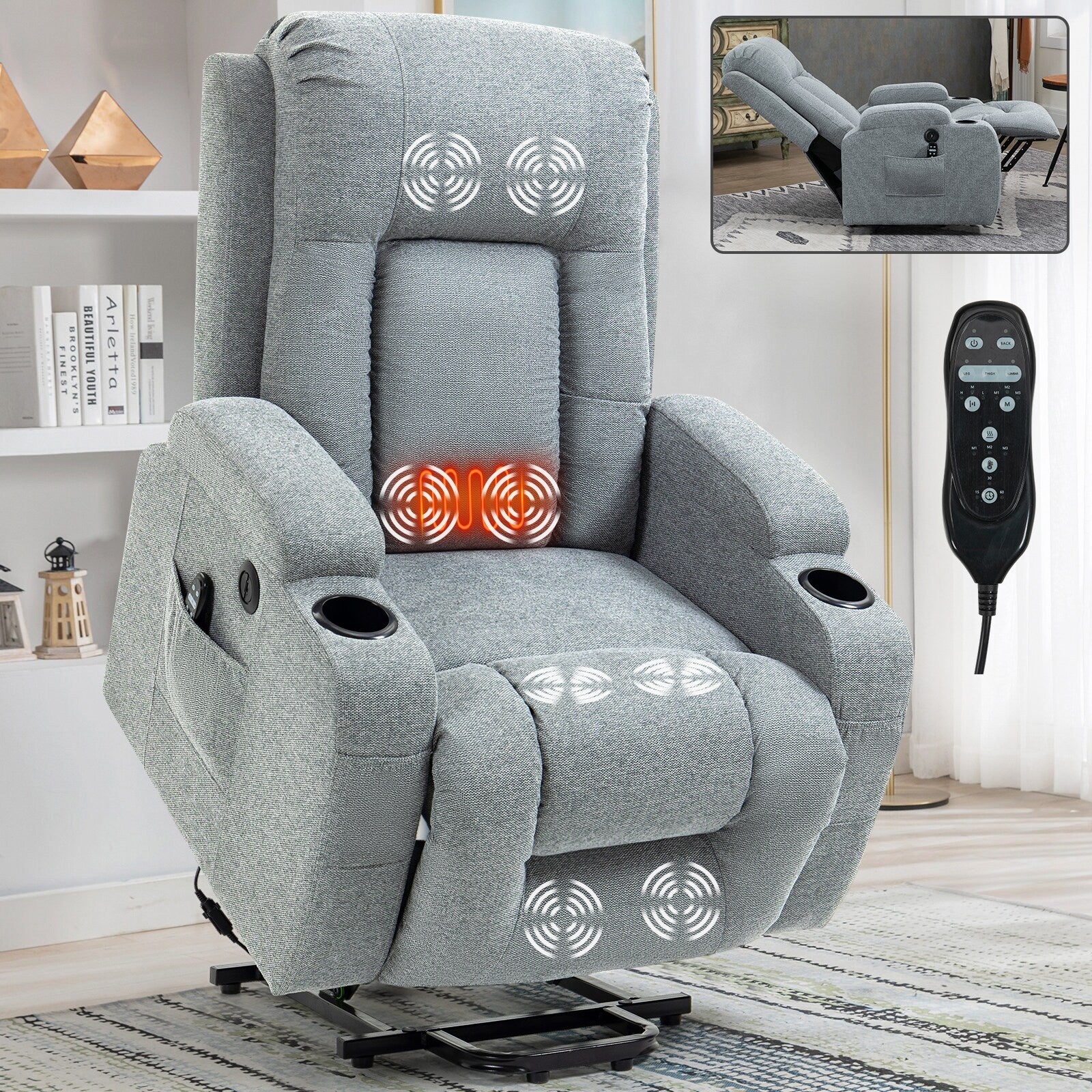 Power Lift Recliner Chair with Massage, Lumbar Heat, USB & Cup Holders
