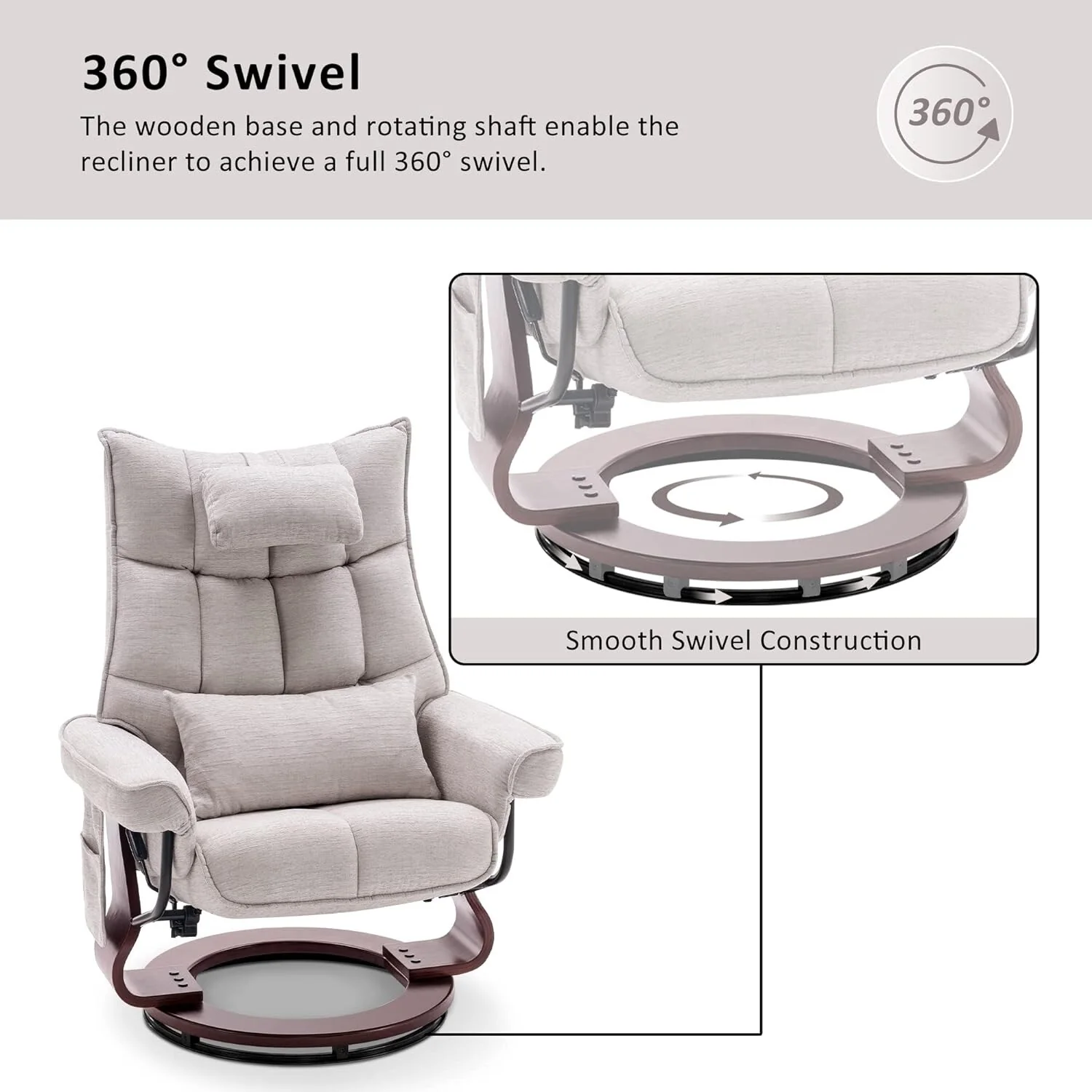MCombo Set of 2 Swivel Recliner with Ottoman and Neck Pillow,Chenille Fabric