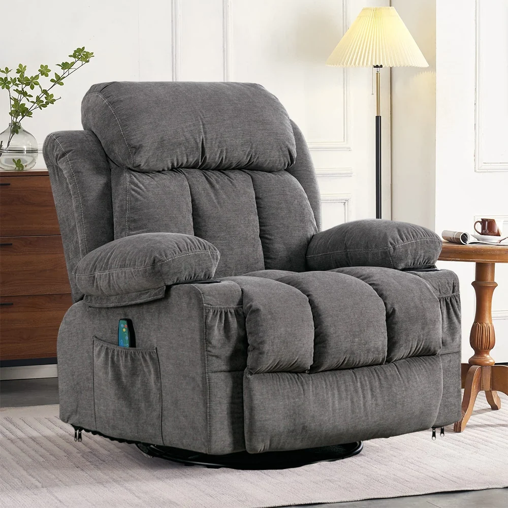 Massage 360 Swivel Rocker Recliner Chair, Heating, Cup Holders, USB