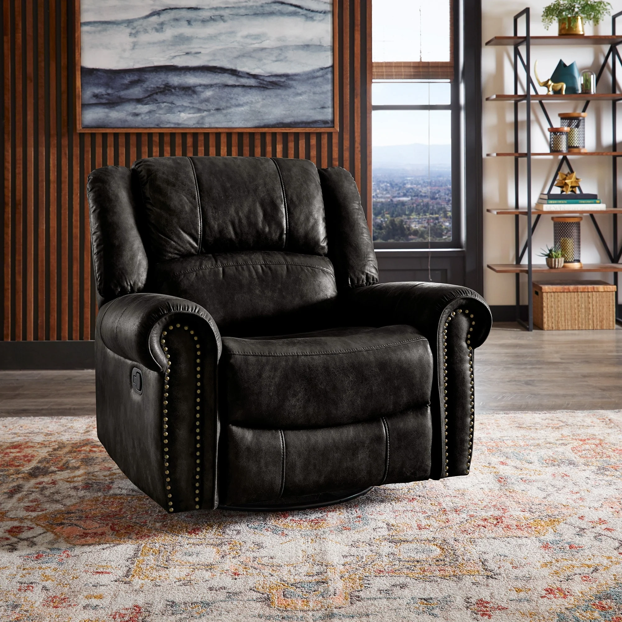 Monroe Polished Microfiber Nailhead Swivel Glider Recliner by iNSPIRE Q Classic