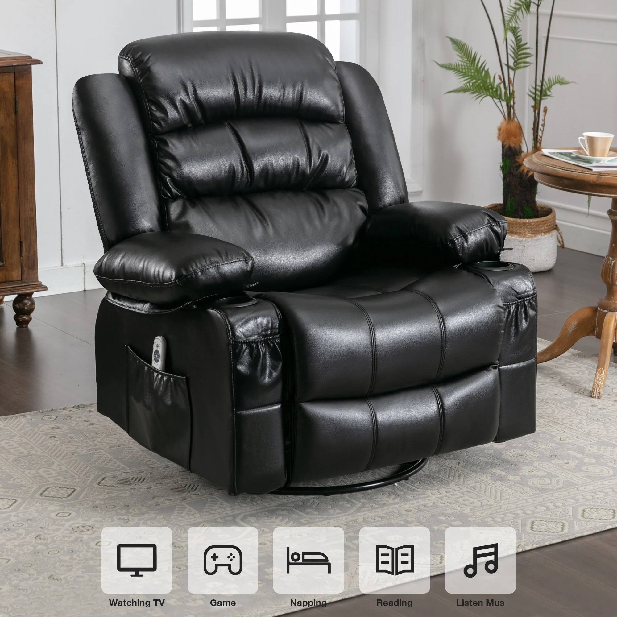 360�� Swivel Massage Recliner Chair with PU Leather, 8?Point Massage & USB