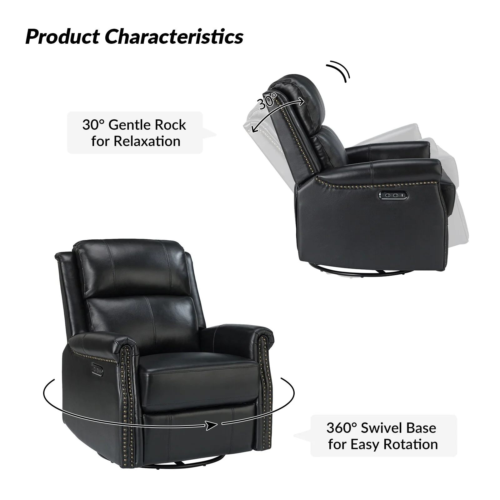 Renato Traditional Genuine Leather Nailhead Power Swivel Recliner Chair with Metal Base Set of 2 by HULALA HOME