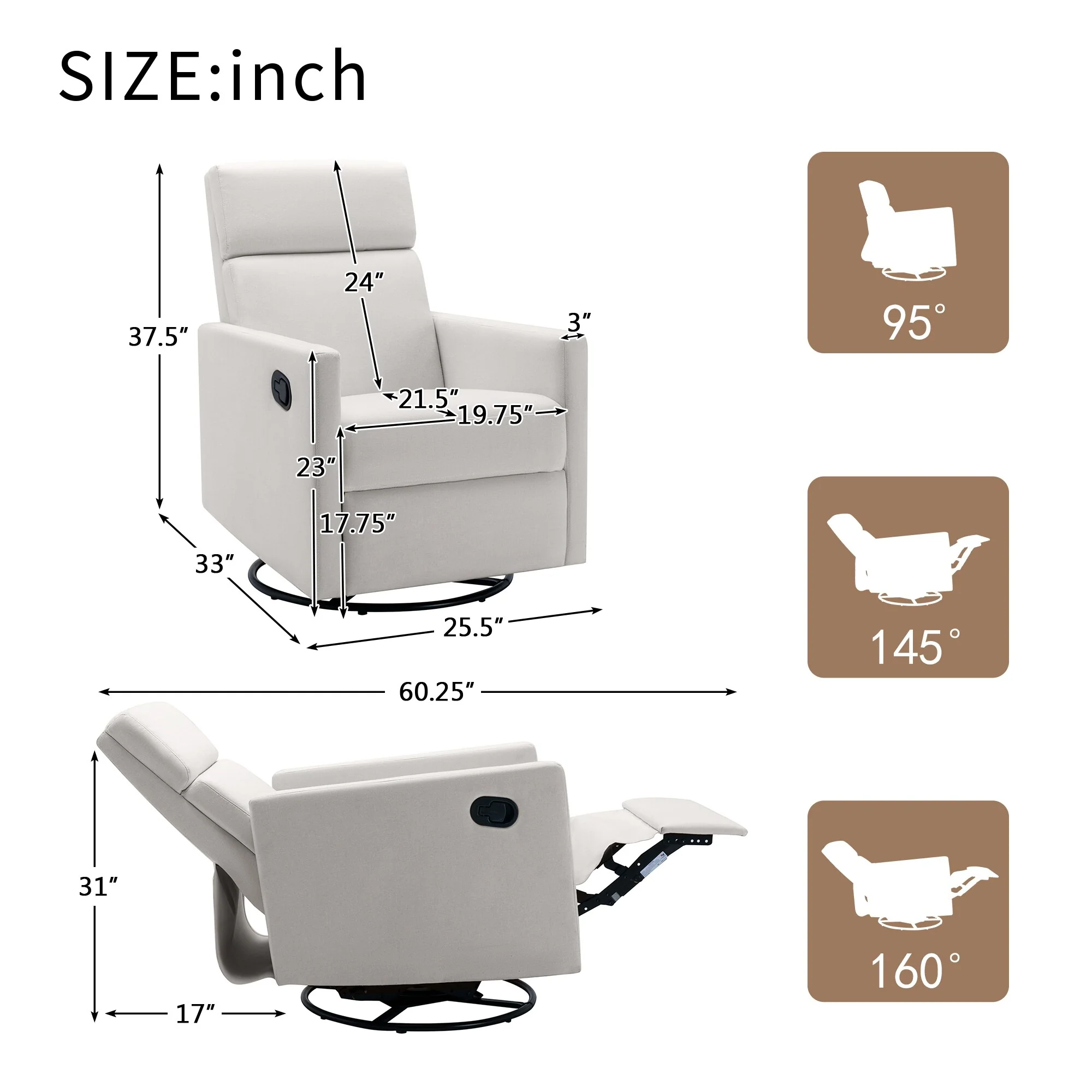Roomfitters Modern Upholstered Rocker Nursery Chair, Plush Seating Glider Swivel Recliner Chair