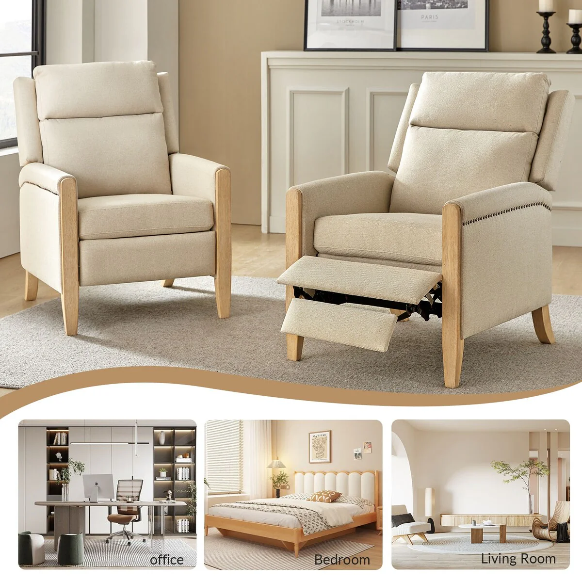 Suares Transitional Nailhead Manual Recliner with Solid Wood Legs Set of 2 by HULALA HOME