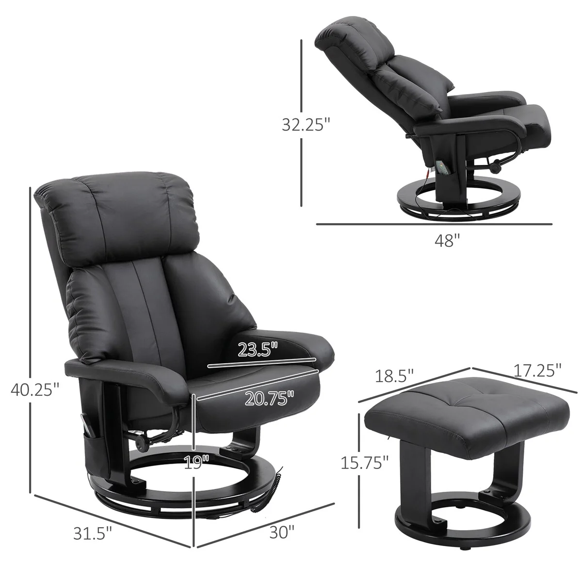 Massage Recliner in PU Leather with Footstool and 360? Swivel Function