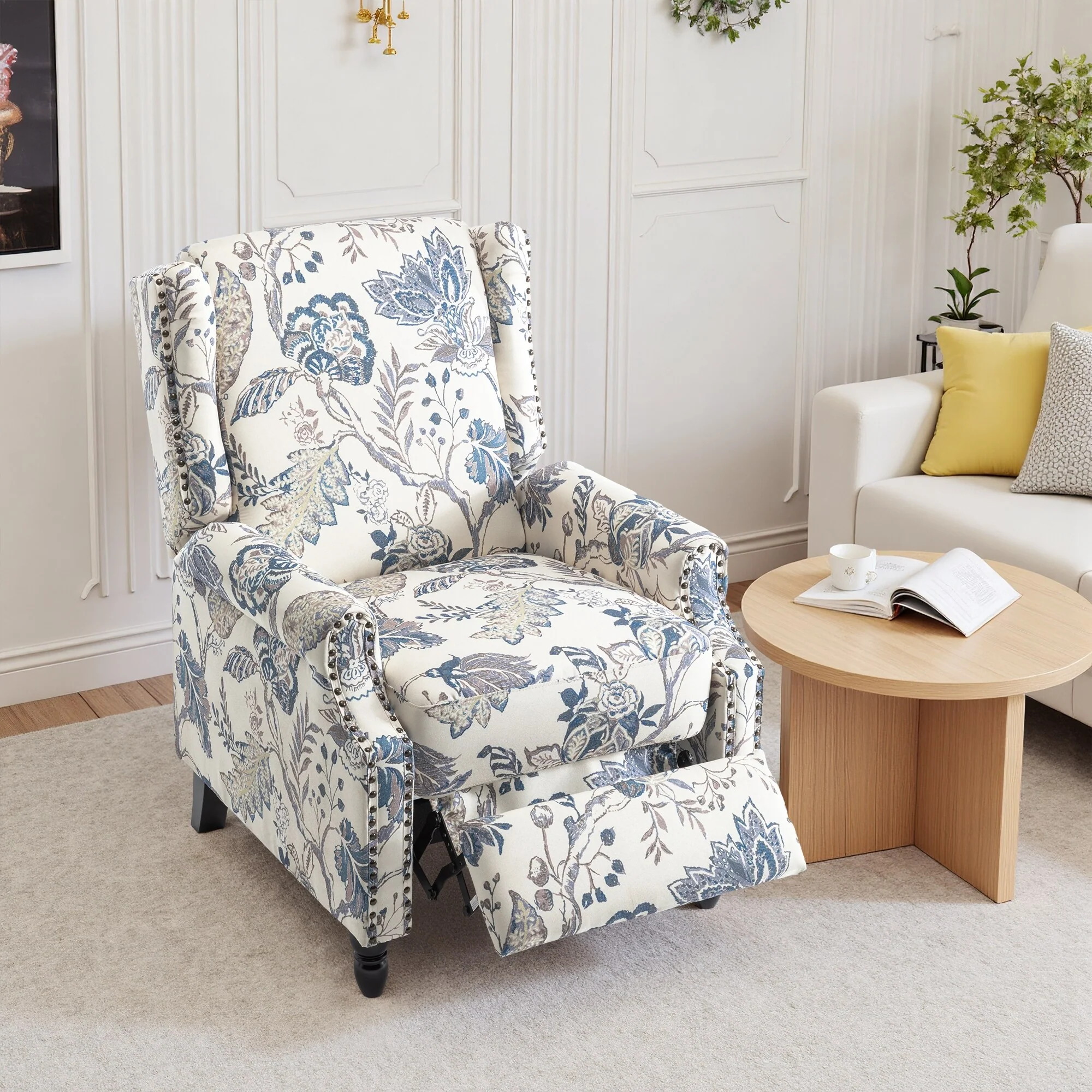 Linen Manual Upholstered Recliner with Wood Legs