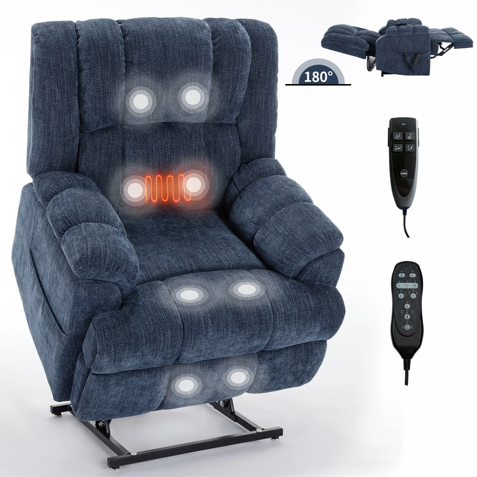 Blue Dual Motor Lift Recliner with Heat, Massage, Infinite Recline, and Heavy-Duty Support up to 350 lbs