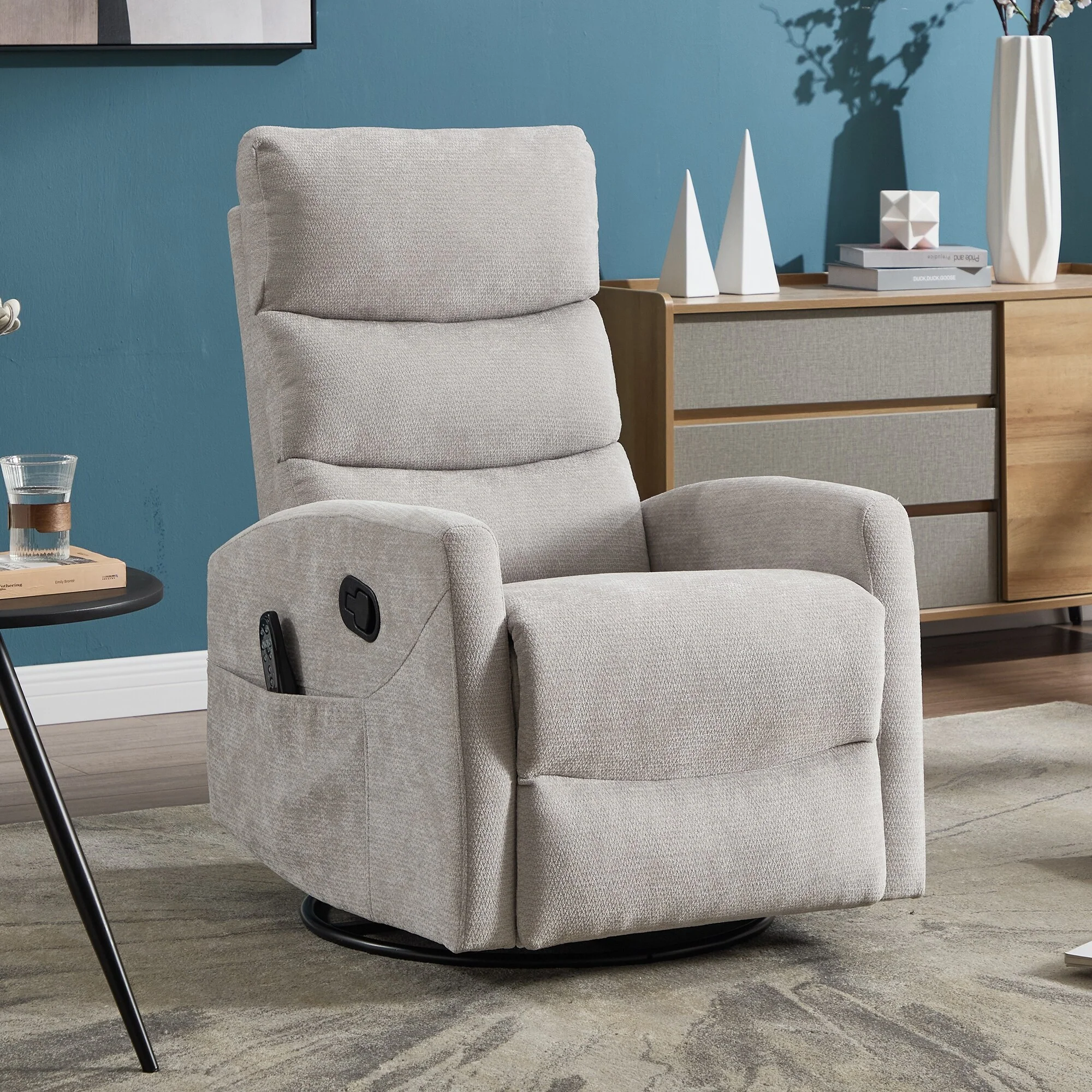 Heat Massage Manual Recliner Chair with Rocker and Swivel in Fabric for Living Room,Grey