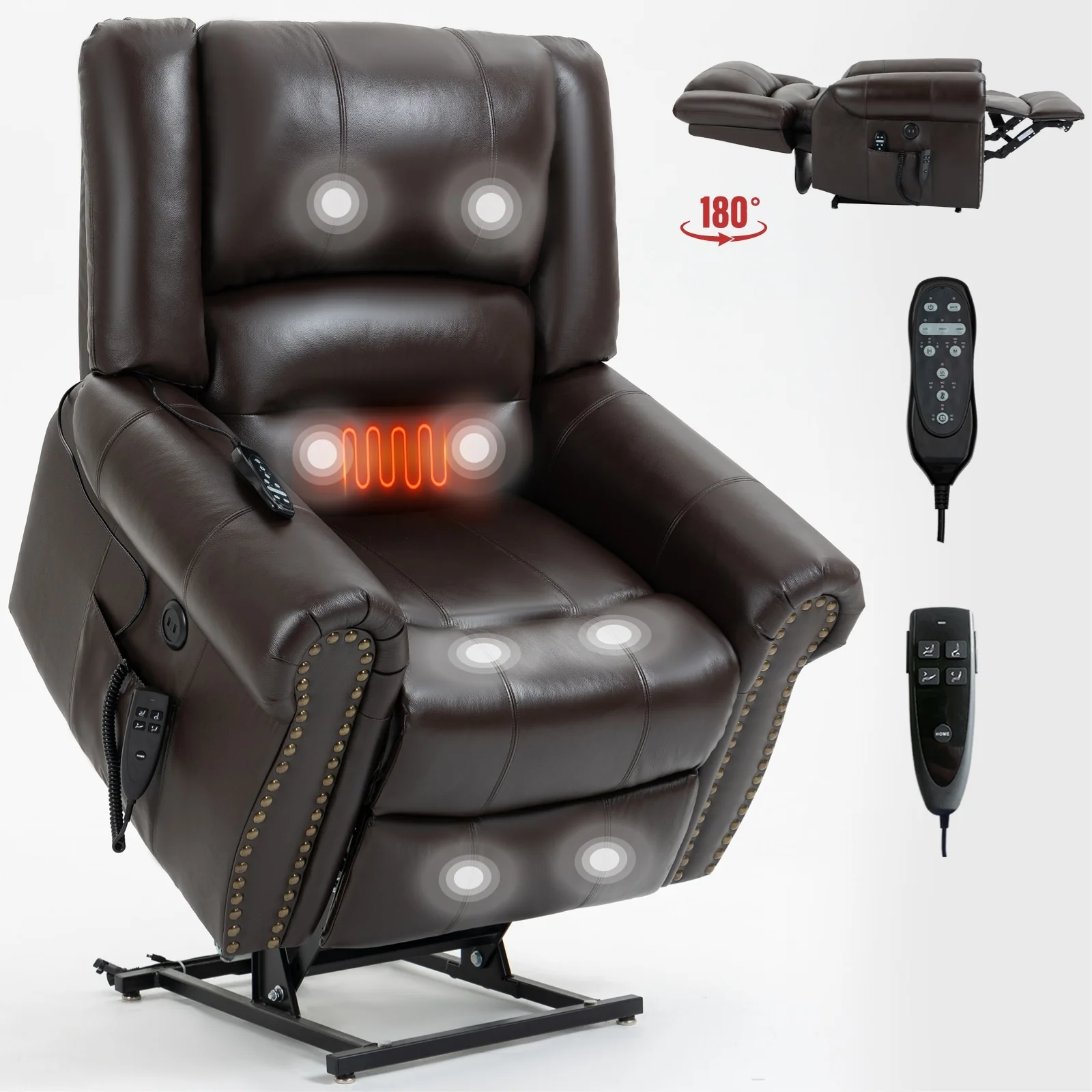 Brown Genuine Leather Power Lift Recliner with Dual Motors, Heated Massage, USB Ports, and Adjustable Recline