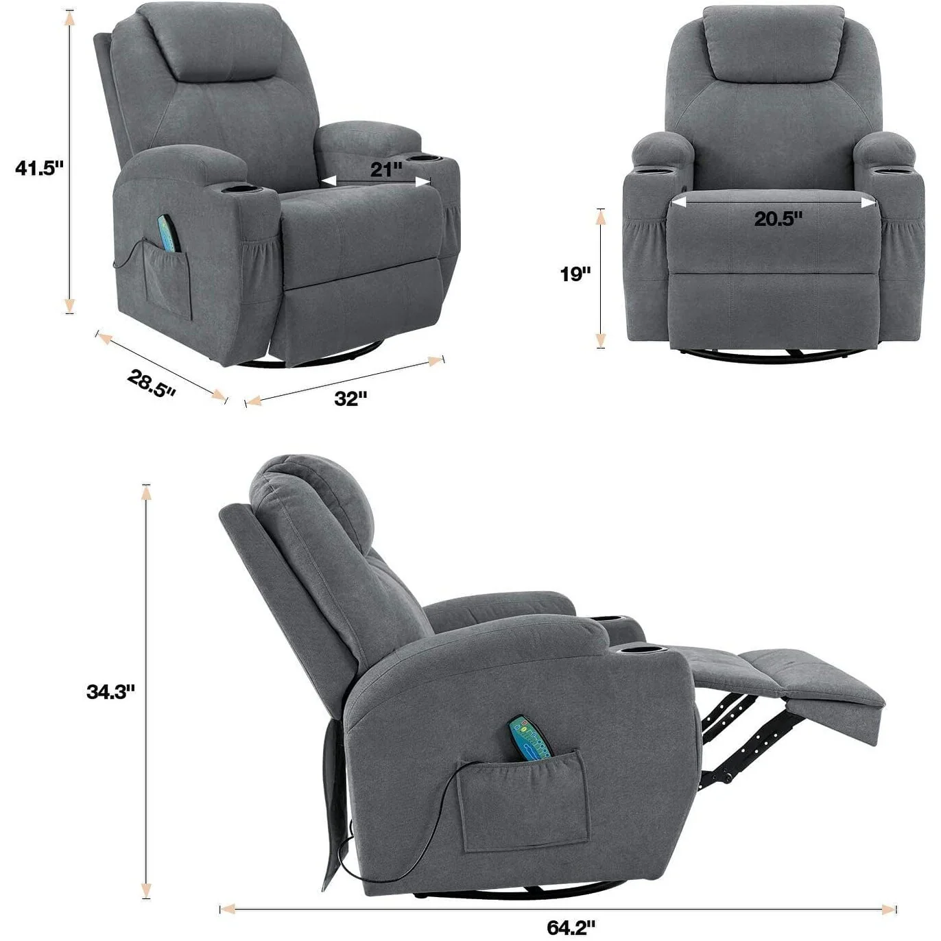 Furniwell Rotary Massage Heated Function Recliner Fabric Whirl